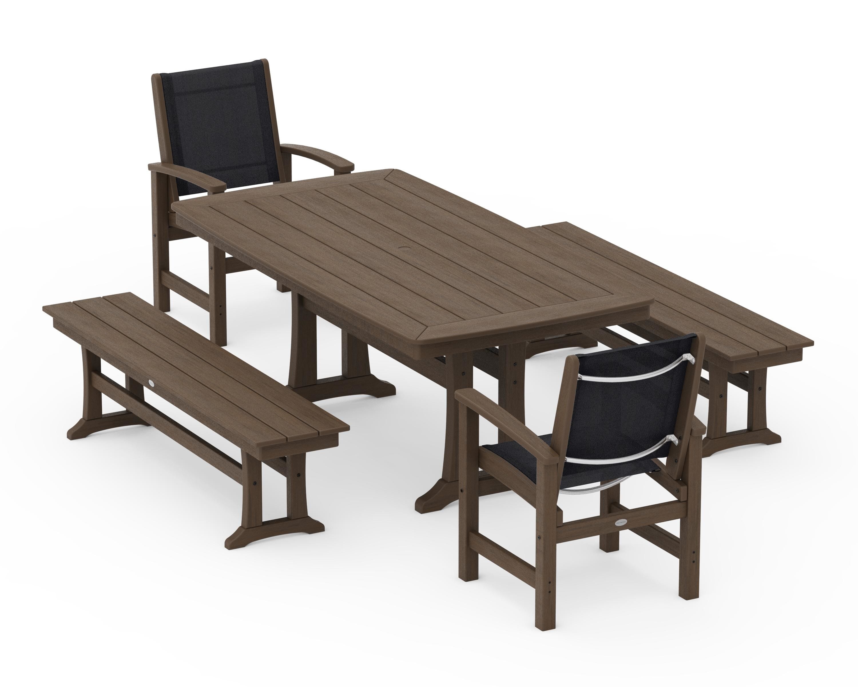 POLYWOOD Coastal 5-Piece Dining Set with Trestle Legs and Benches in Kona / Black Sling