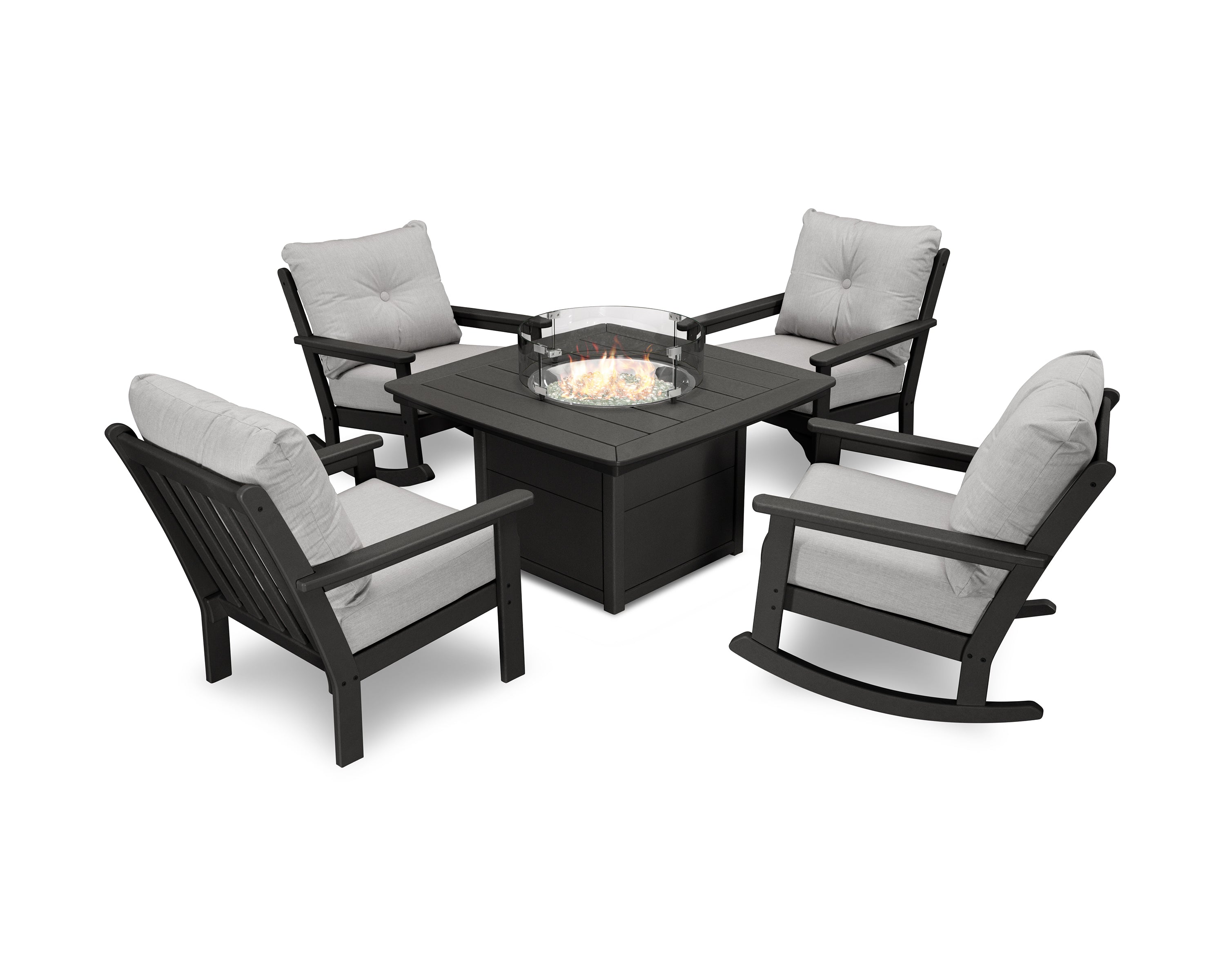 POLYWOOD Vineyard 5-Piece Deep Seating Rocking Chair Conversation Set with Fire Pit Table in Black / Granite