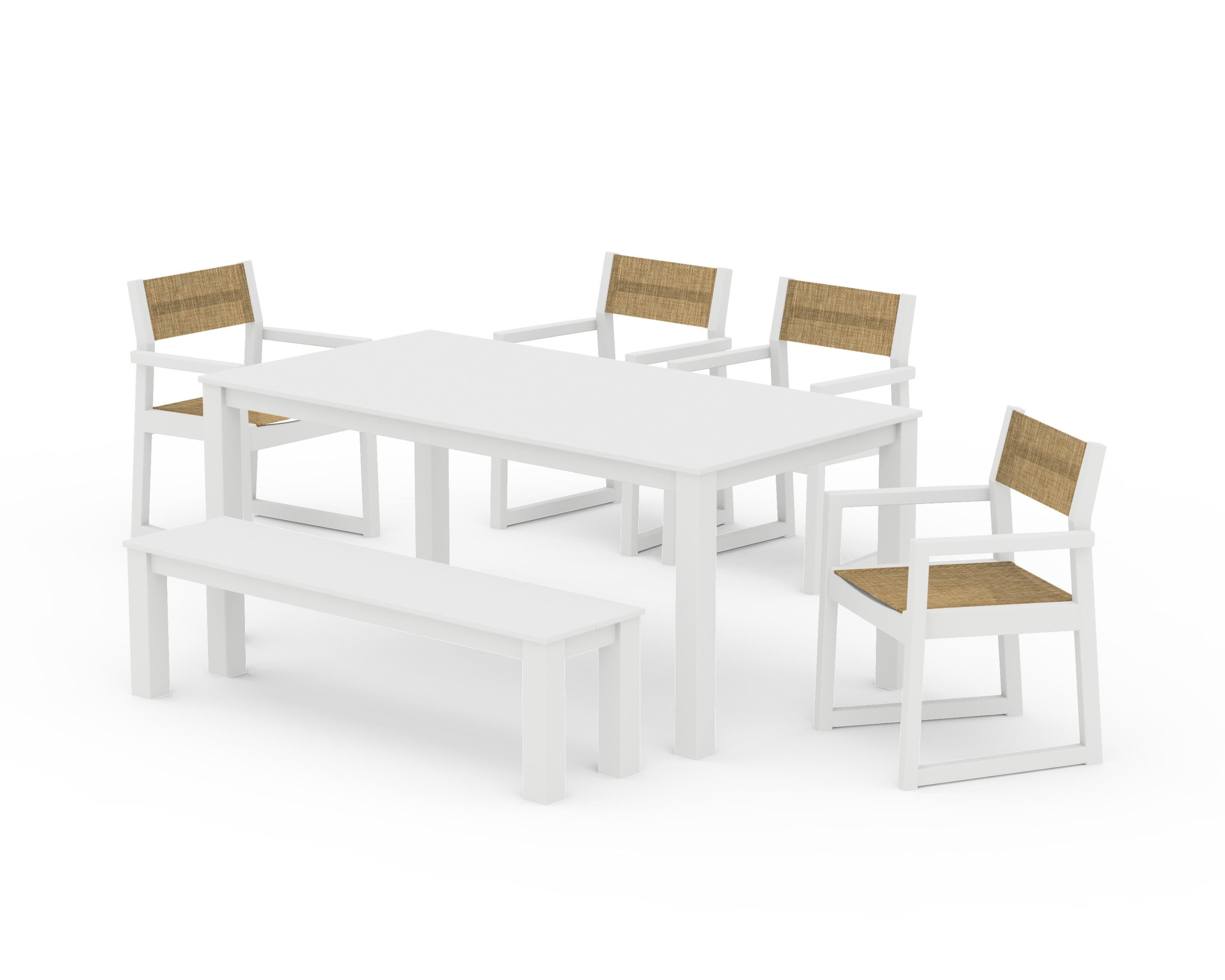POLYWOOD EDGE Sling Arm Chair 6-Piece Parsons Dining Set with Bench in White / Burlap Sling