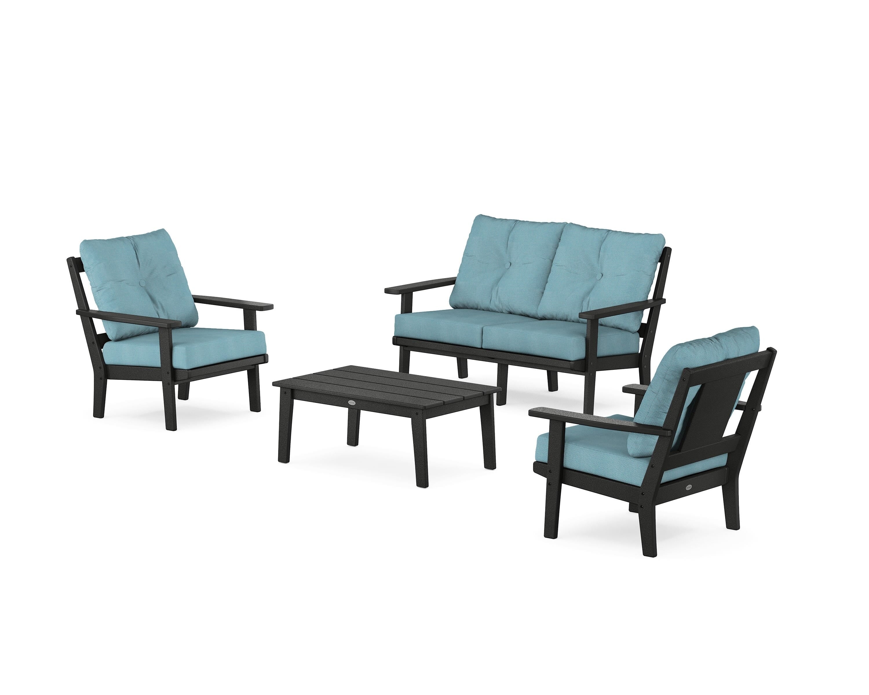 POLYWOOD Prairie 4-Piece Deep Seating Set with Loveseat in Black / Lattice Sky Blue