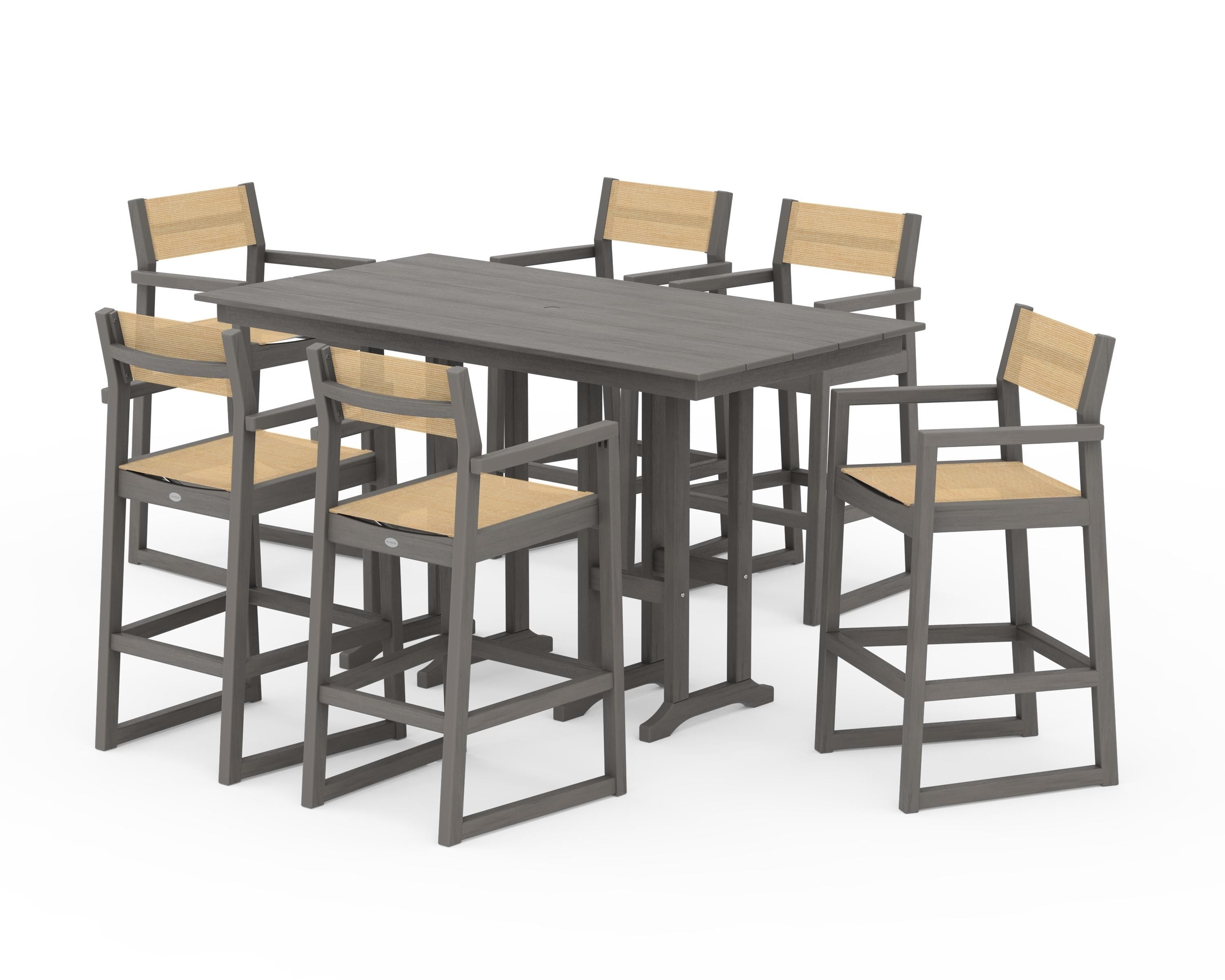 POLYWOOD EDGE Sling Arm Chair 7-Piece Farmhouse Bar Set in Driftwood / Dupioni Apricot Sling