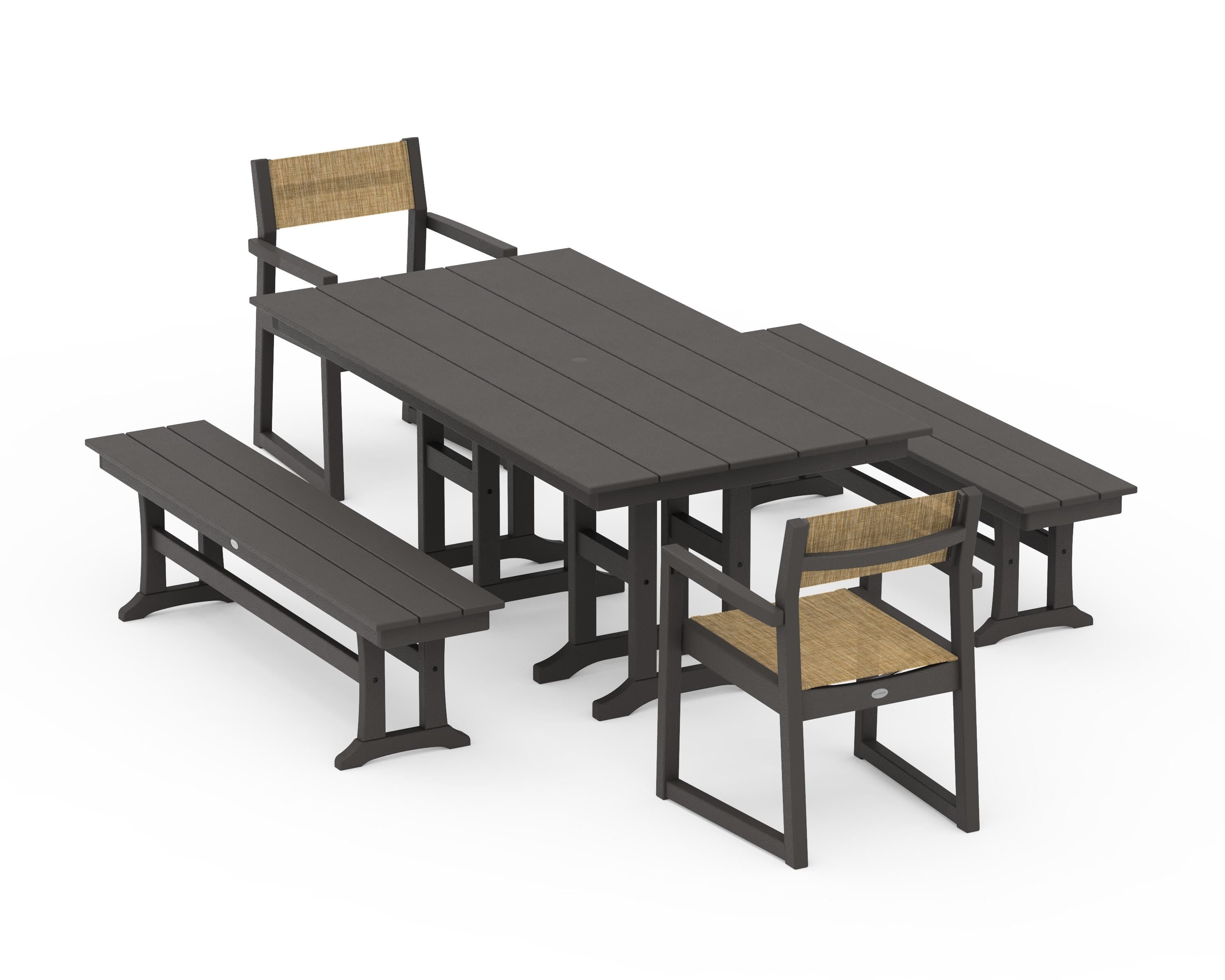 POLYWOOD EDGE Sling Arm Chair 5-Piece Farmhouse Dining Set with Benches in Vintage Coffee / Burlap Sling