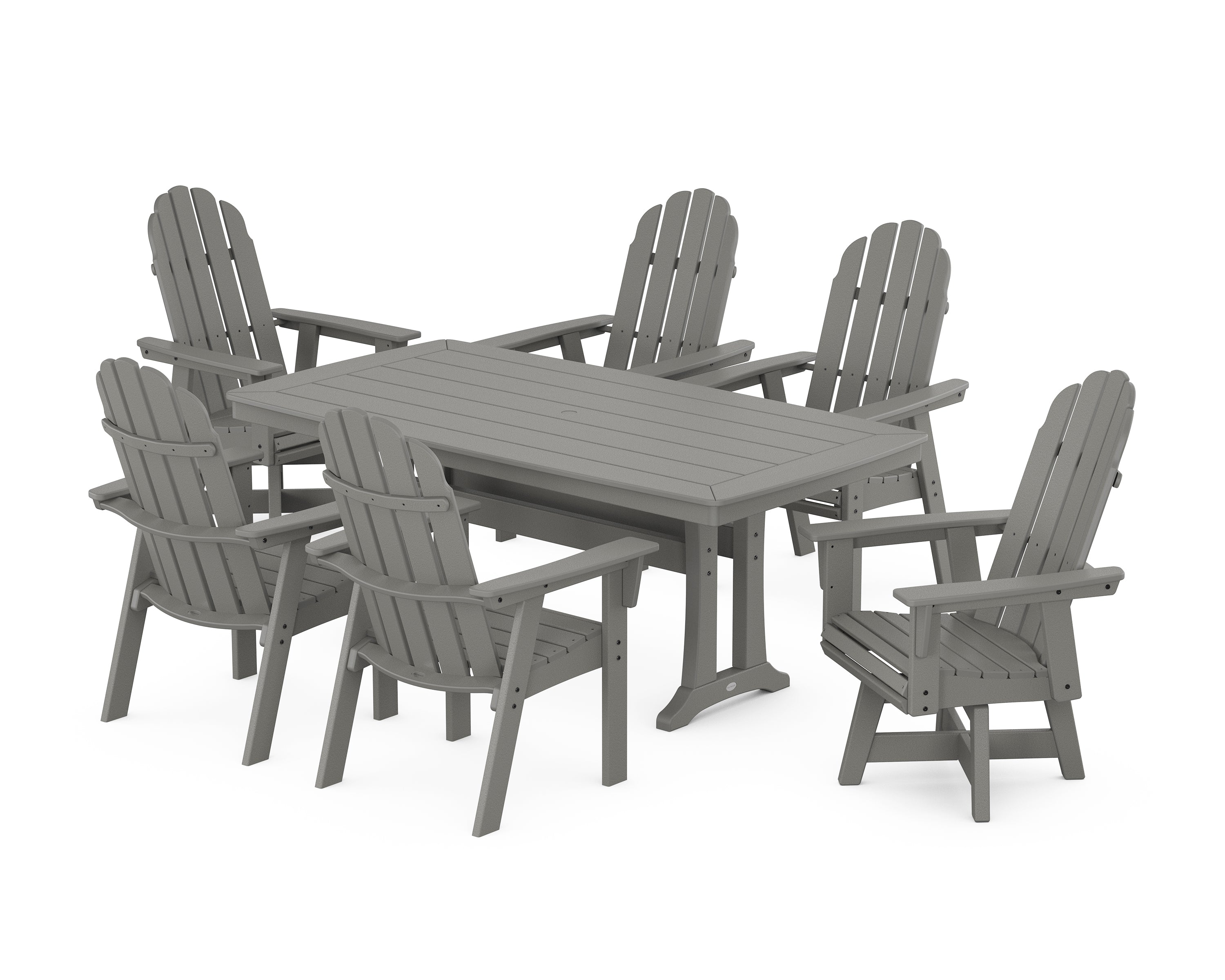 POLYWOOD® Vineyard Curveback Adirondack Swivel Chair 7-Piece Dining Set with Trestle Legs in Slate Grey