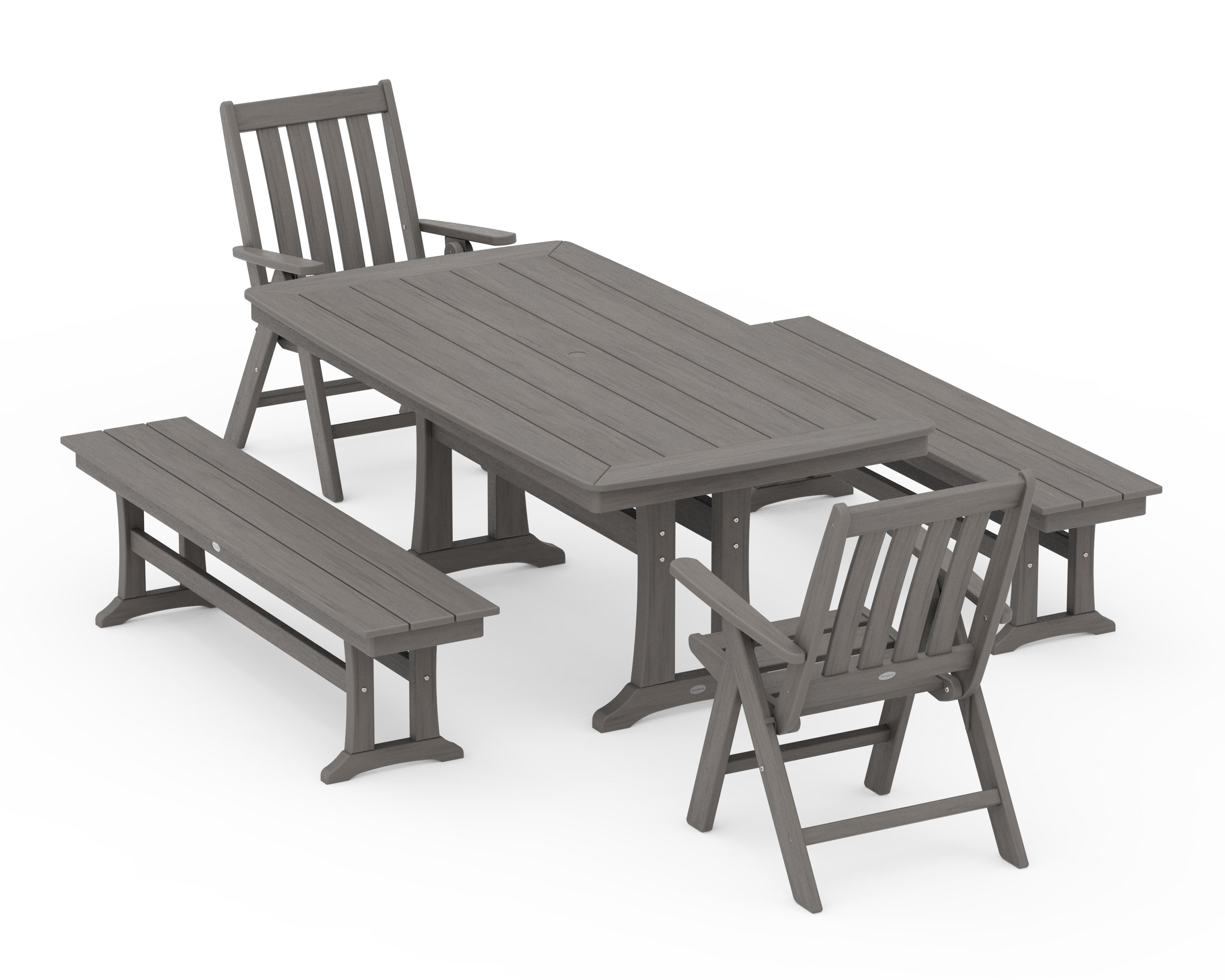 POLYWOOD Vineyard Folding Chair 5-Piece Dining Set with Trestle Legs and Benches in Driftwood