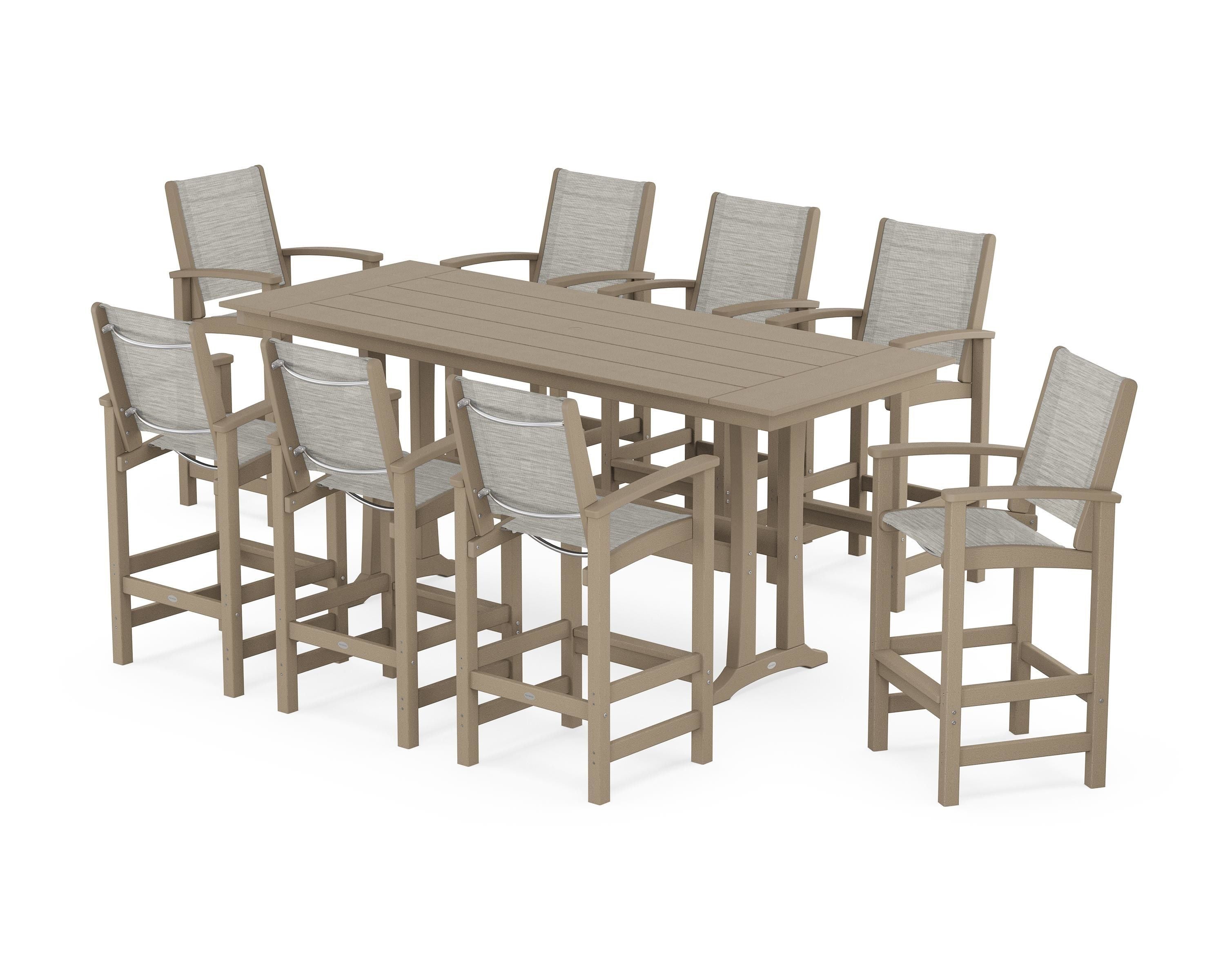 POLYWOOD Coastal 9-Piece Farmhouse Bar Set with Trestle Legs in Vintage Sahara / Birch Sling
