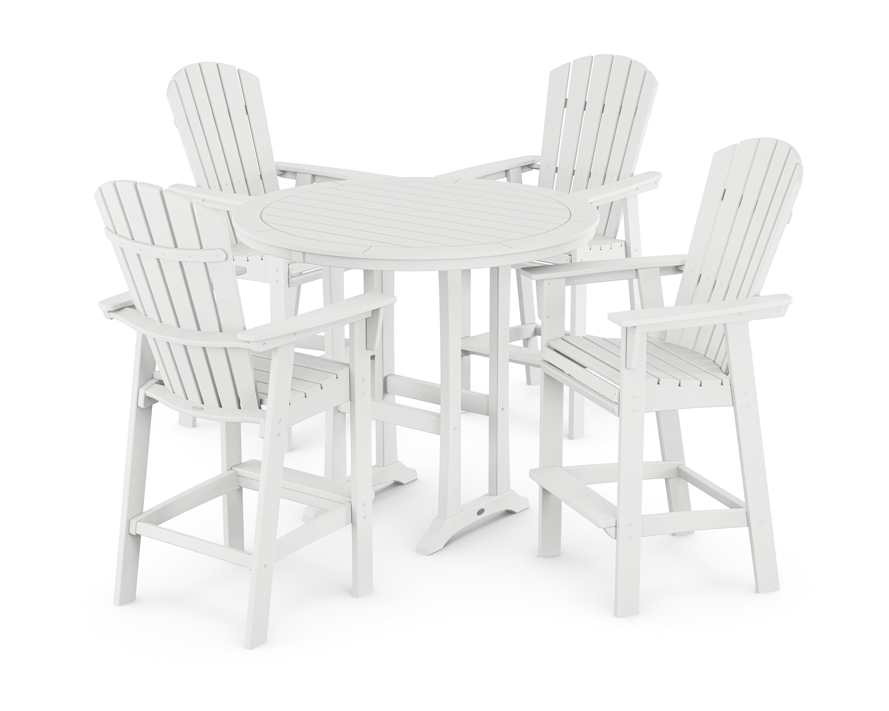 POLYWOOD® Nautical Curveback Adirondack 5-Piece Round Trestle Bar Set in White