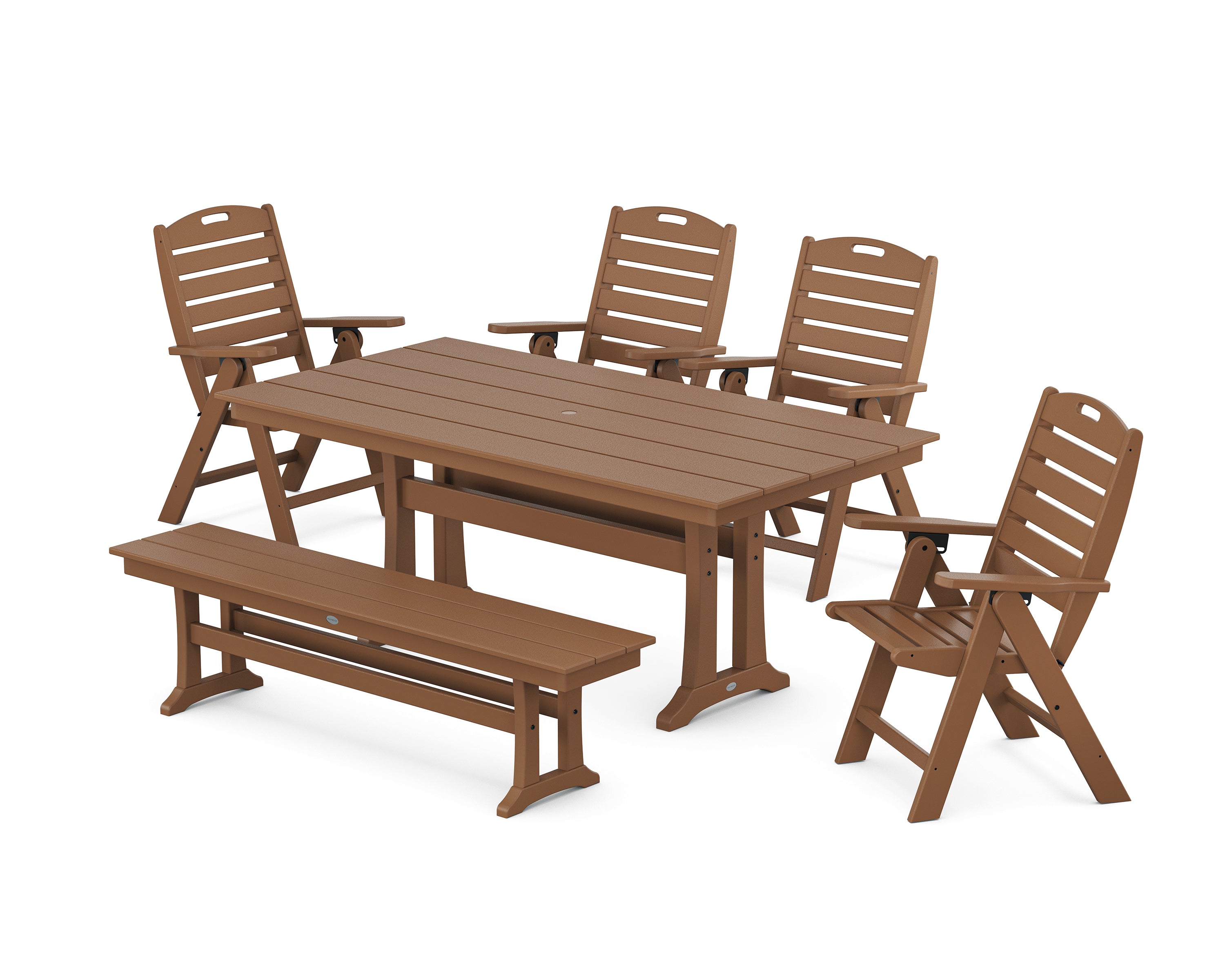 POLYWOOD Nautical Highback 6-Piece Farmhouse Dining Set with Trestle Legs and Bench in Teak
