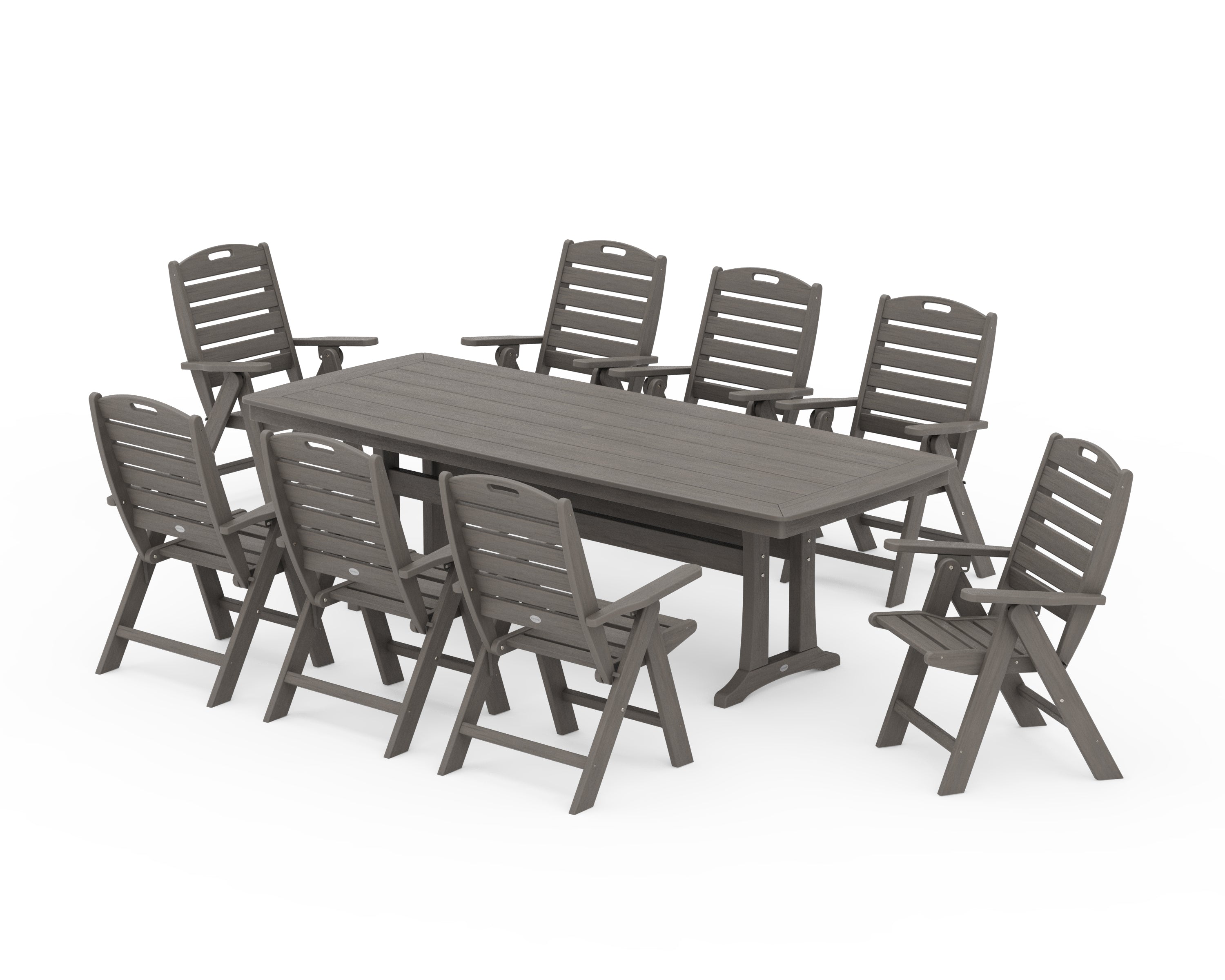 POLYWOOD Nautical Highback 9-Piece Dining Set with Trestle Legs in Driftwood