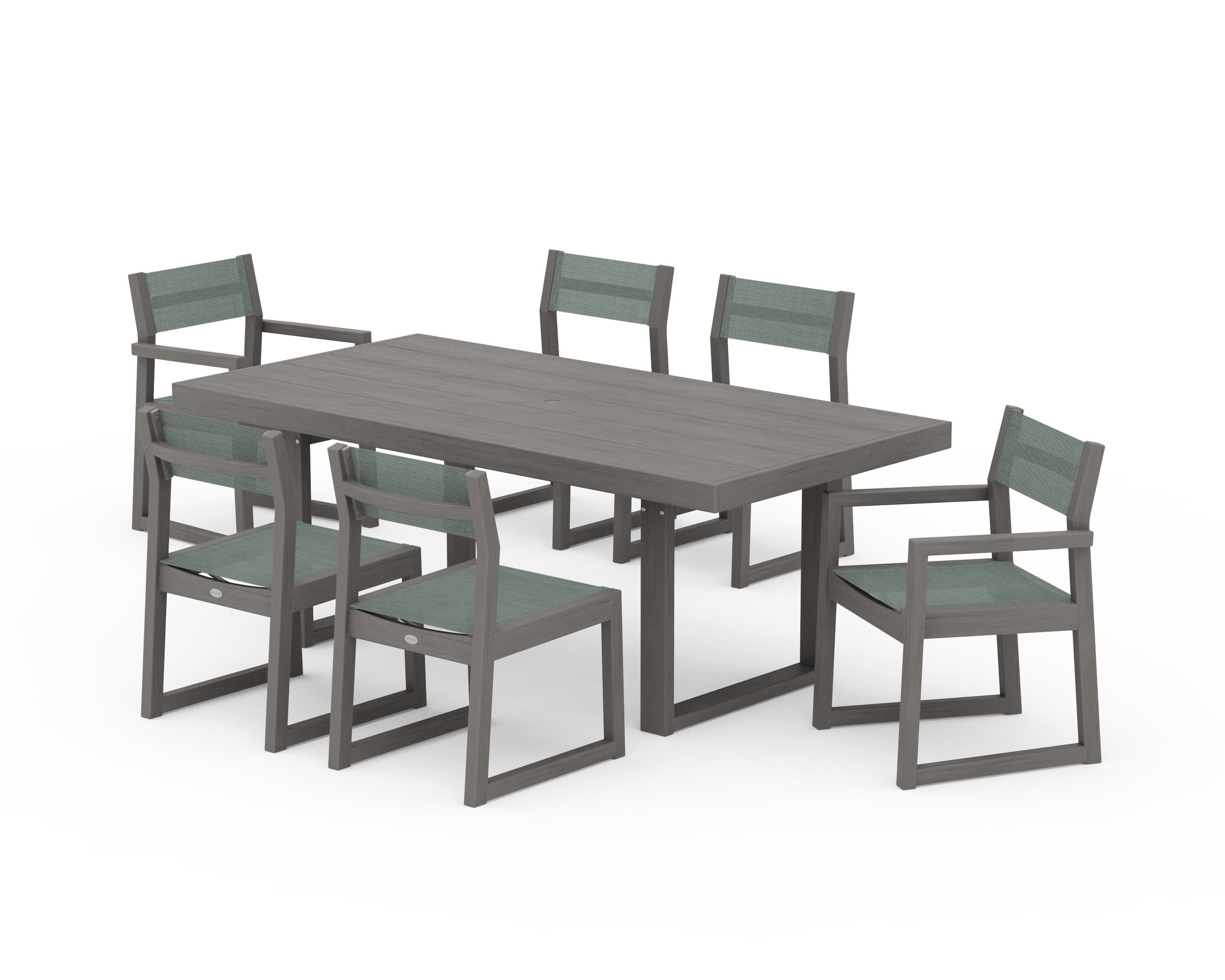 POLYWOOD EDGE Sling 7-Piece Dining Set in Driftwood / Dupioni Sea Mist Sling