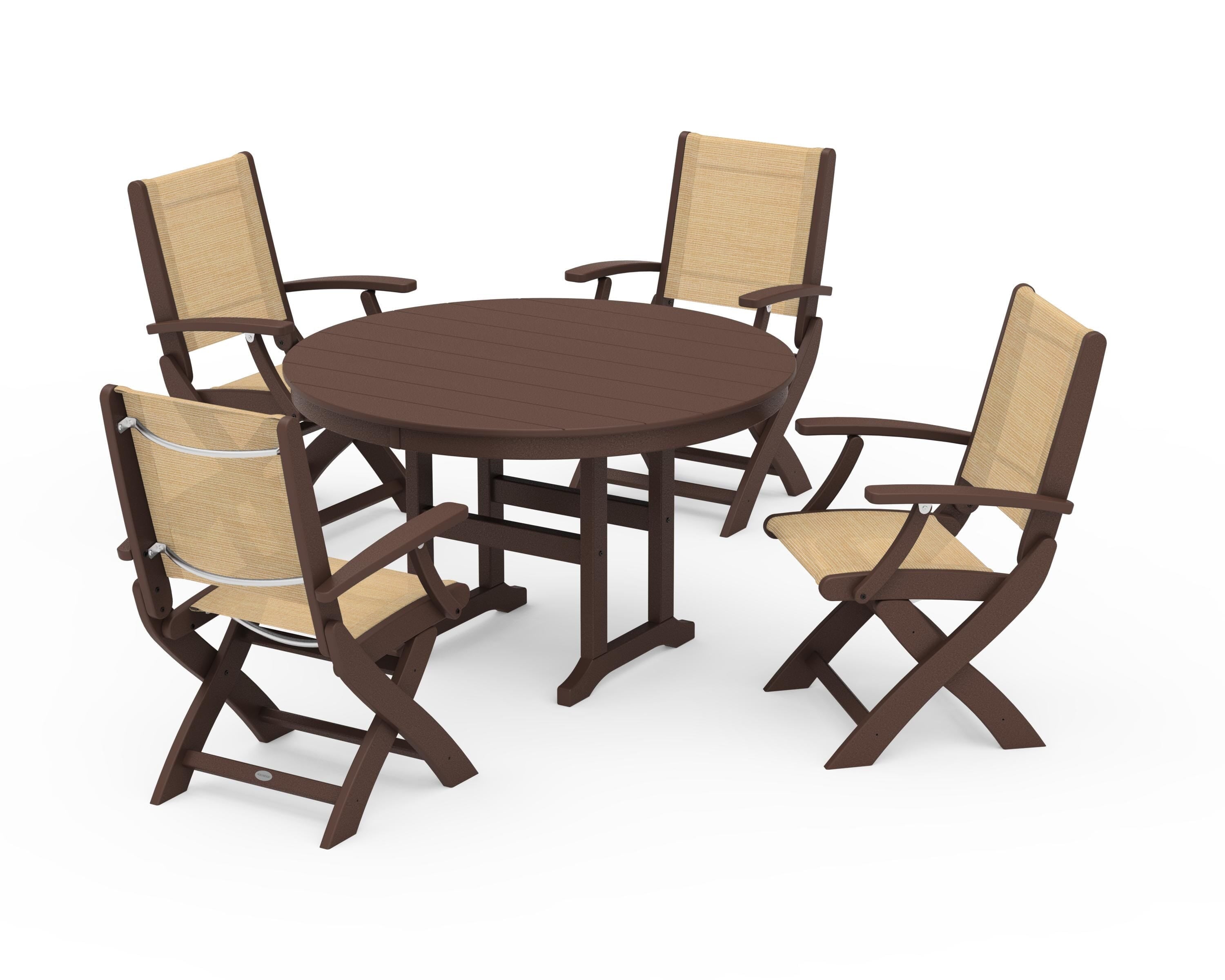 POLYWOOD Coastal Folding Chair 5-Piece Round Dining Set in Mahogany / Dupioni Apricot Sling