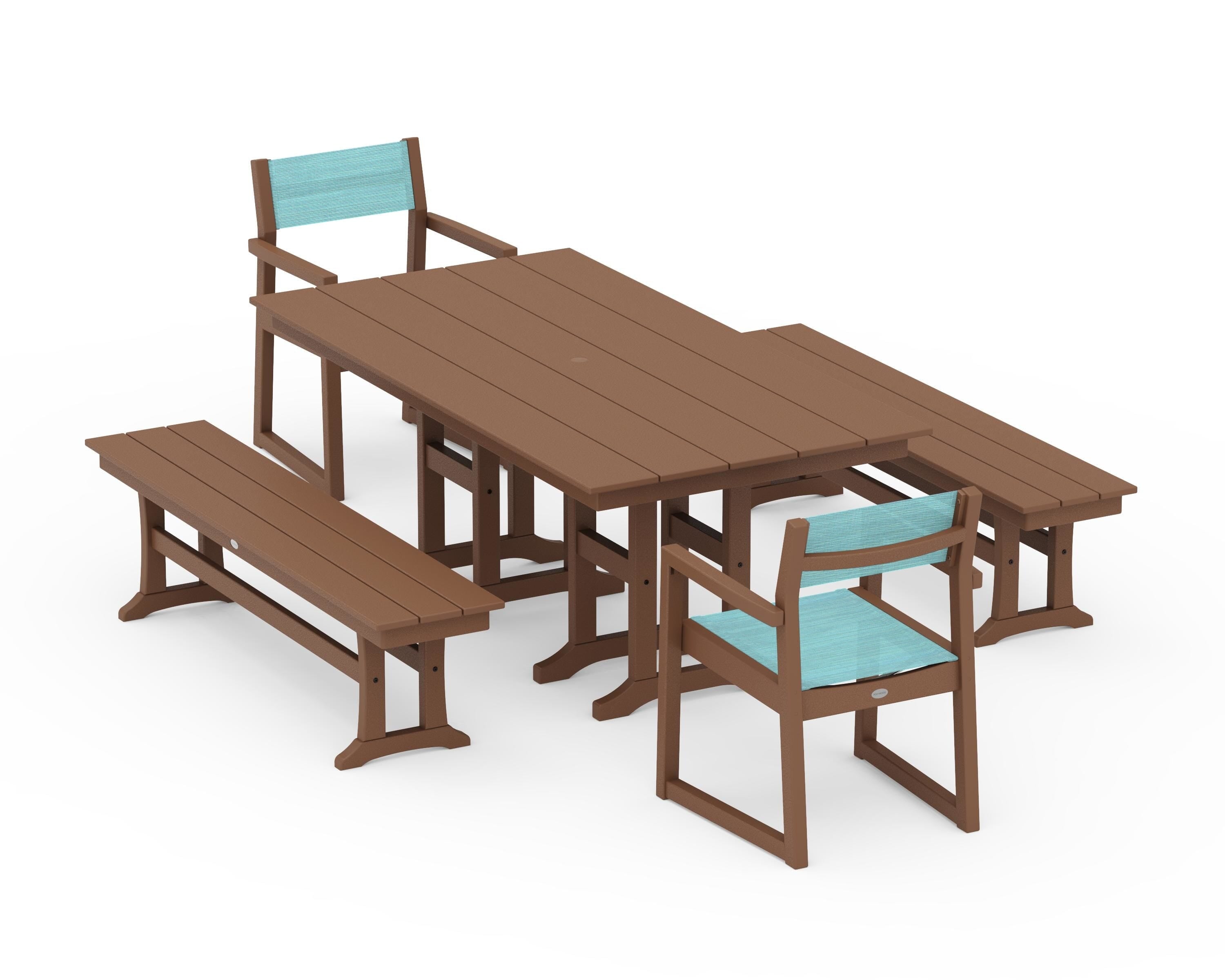 POLYWOOD EDGE Sling Arm Chair 5-Piece Farmhouse Dining Set with Benches in Teak / Dupioni Aquamarine Sling