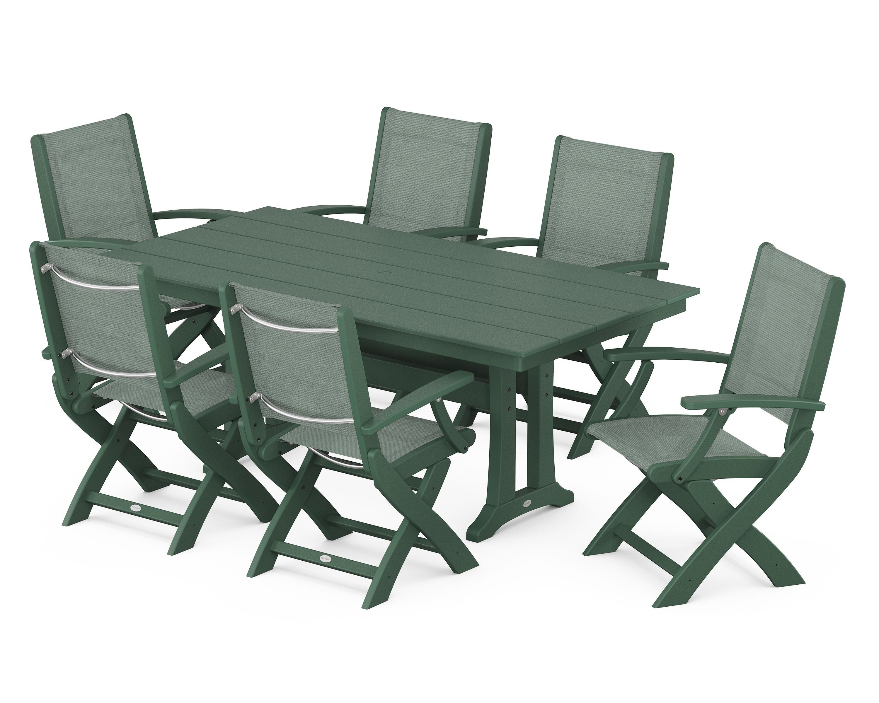 POLYWOOD Coastal Folding Arm Chair 7-Piece Farmhouse Dining Set with Trestle Legs in Green / Dupioni Sea Mist Sling