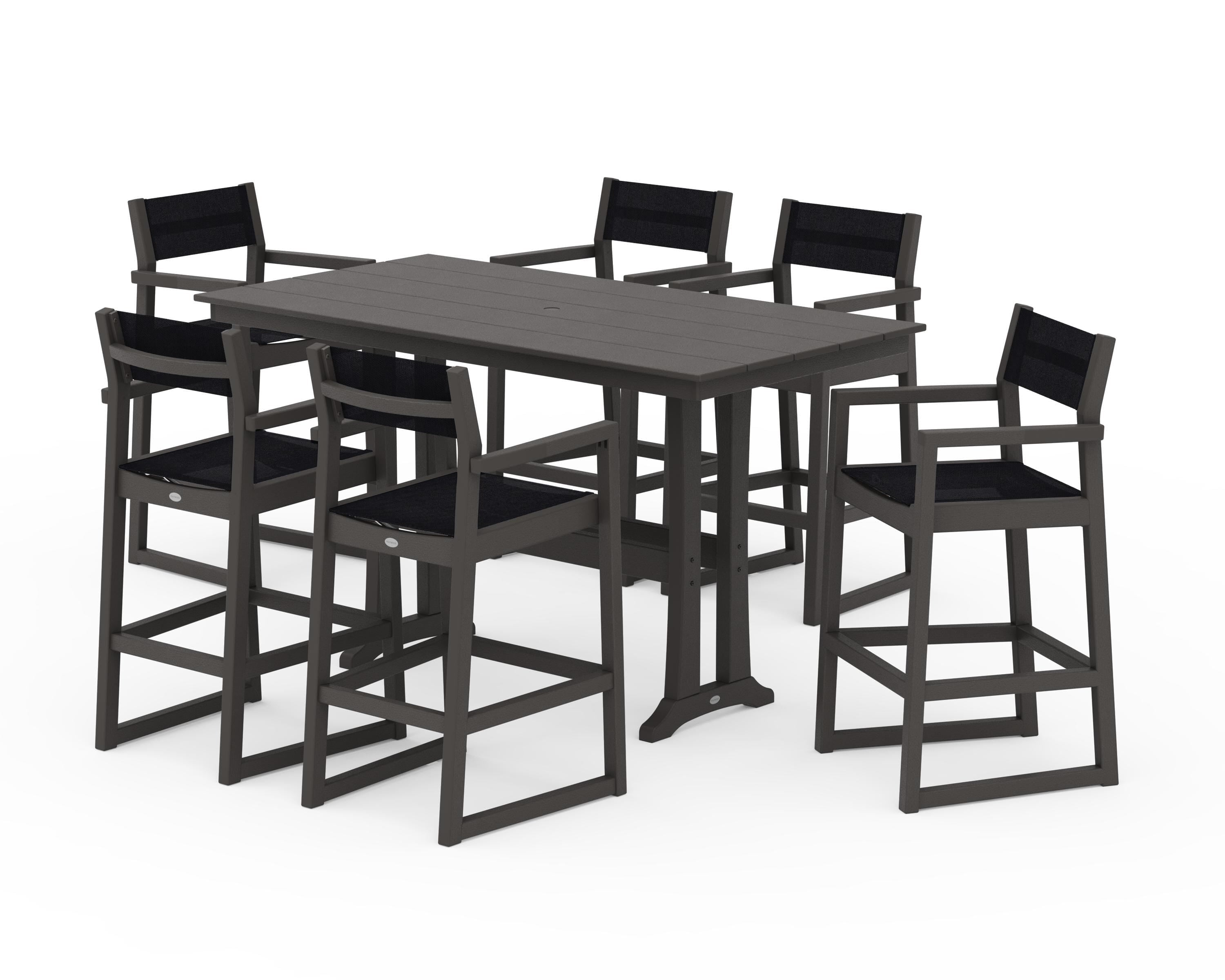POLYWOOD EDGE Sling Arm Chair 7-Piece Farmhouse Bar Set with Trestle Legs in Vintage Coffee / Black Sling