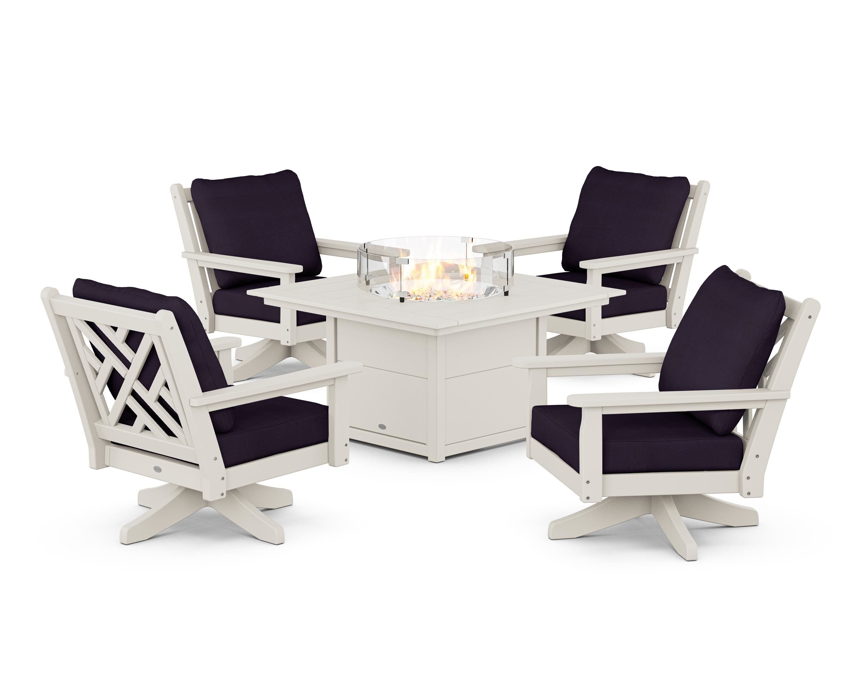 POLYWOOD Chippendale 5-Piece Deep Seating Swivel Conversation Set with Fire Pit Table in Sand / Navy Linen