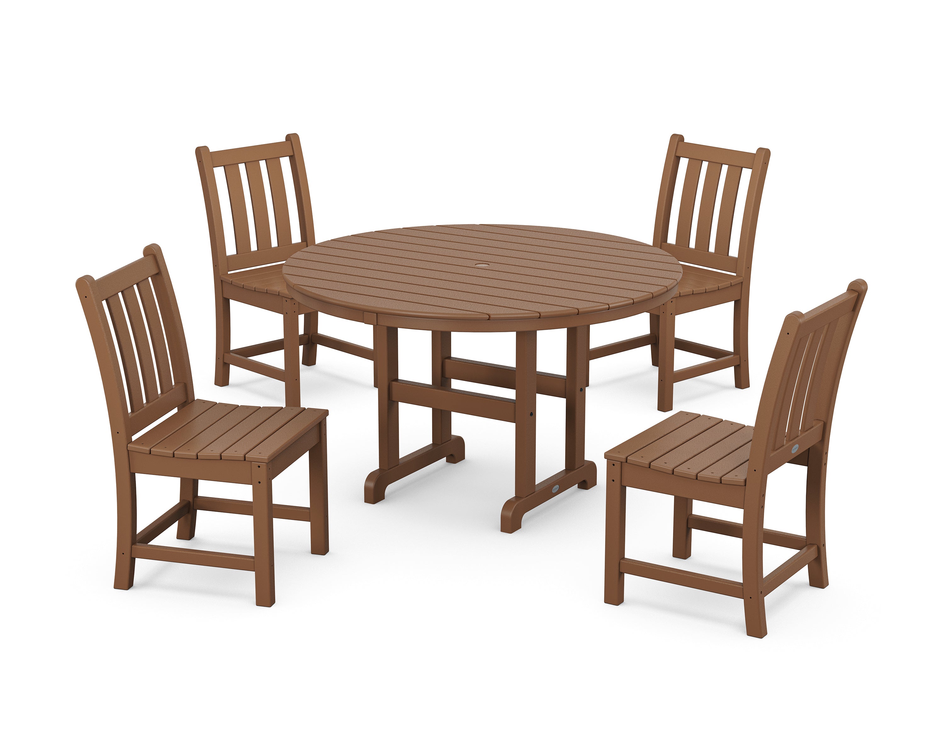 POLYWOOD® Traditional Garden Side Chair 5-Piece Round Farmhouse Dining Set in Teak