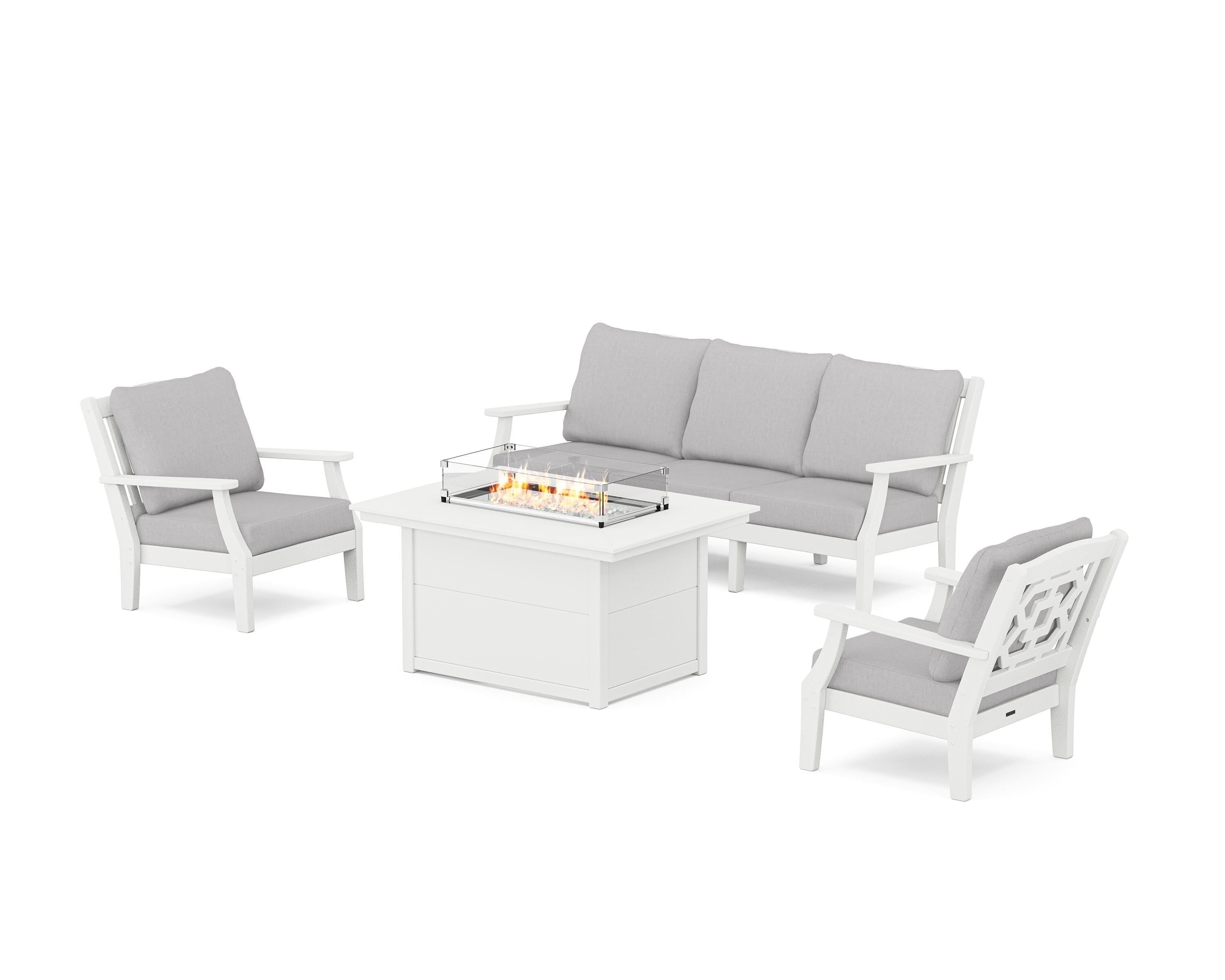 Martha Stewart by POLYWOOD Chinoiserie Deep Seating Fire Pit Table Set in White / Granite