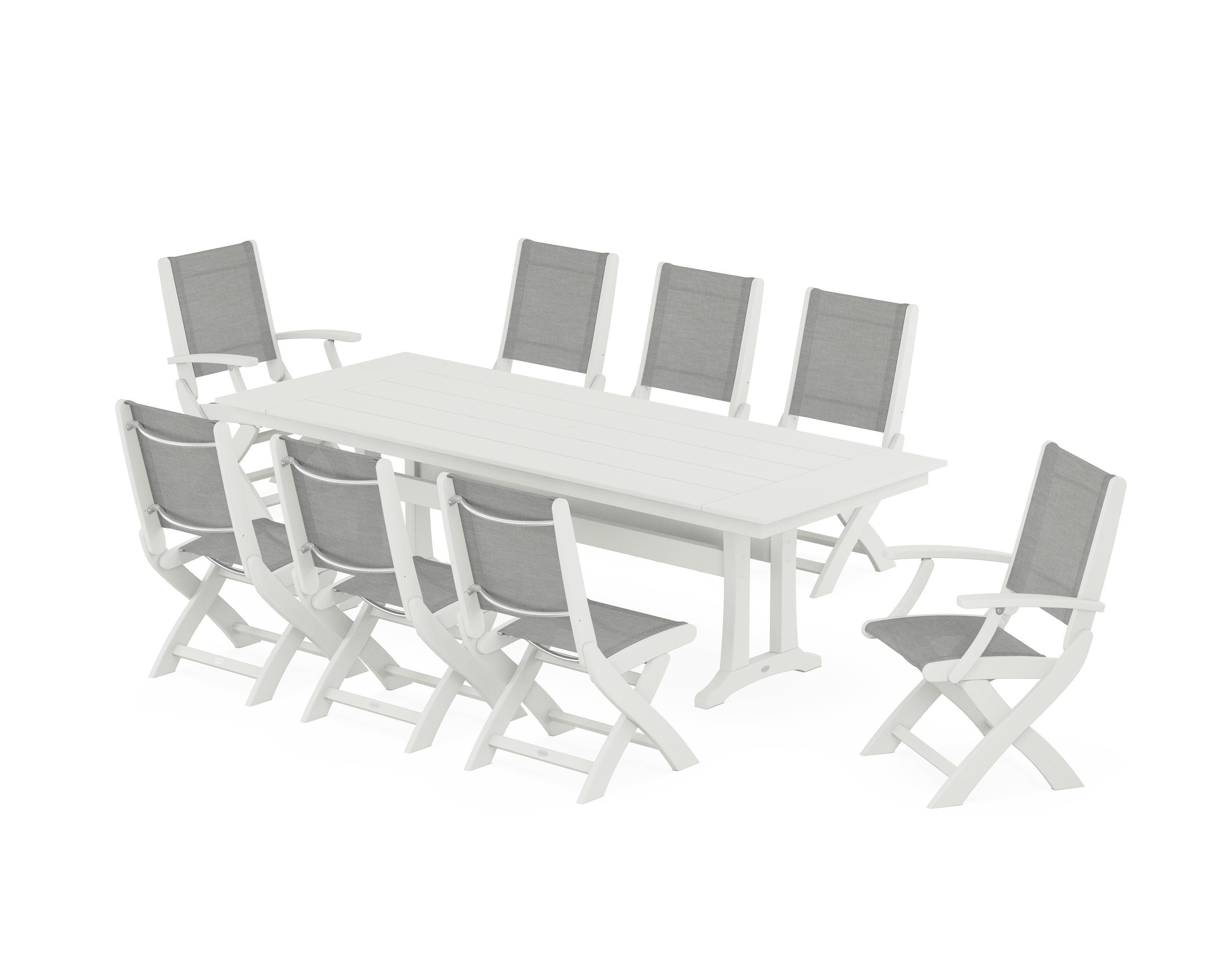 POLYWOOD Coastal 9-Piece Folding Dining Chair Farmhouse Dining Set with Trestle Legs in Vintage White / Metallic Sling