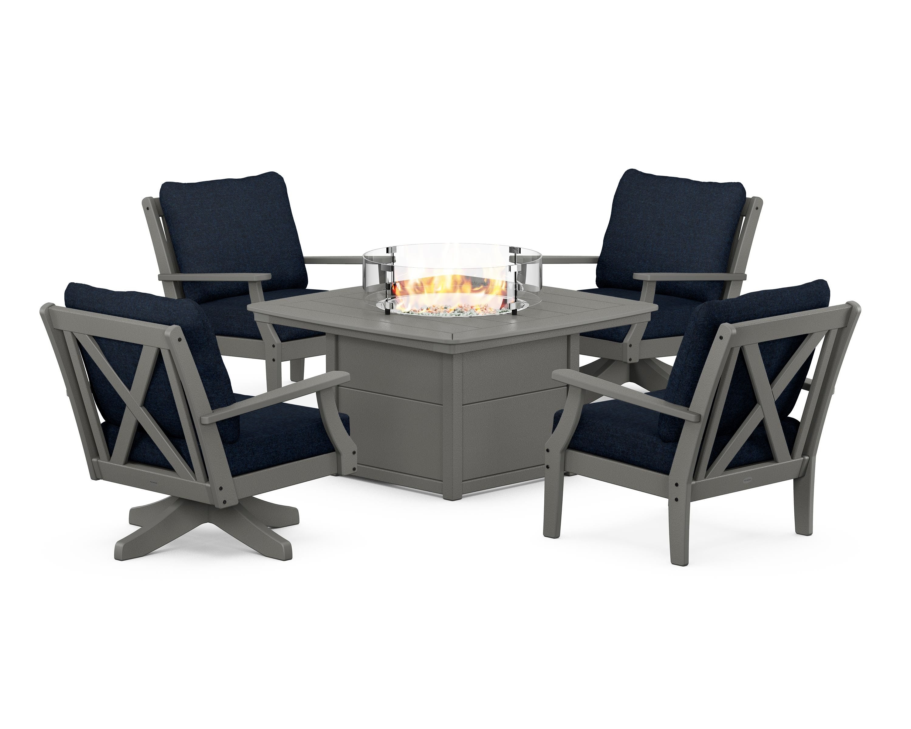 POLYWOOD Braxton 5-Piece Deep Seating Set with Fire Table in Slate Grey / Marine Indigo