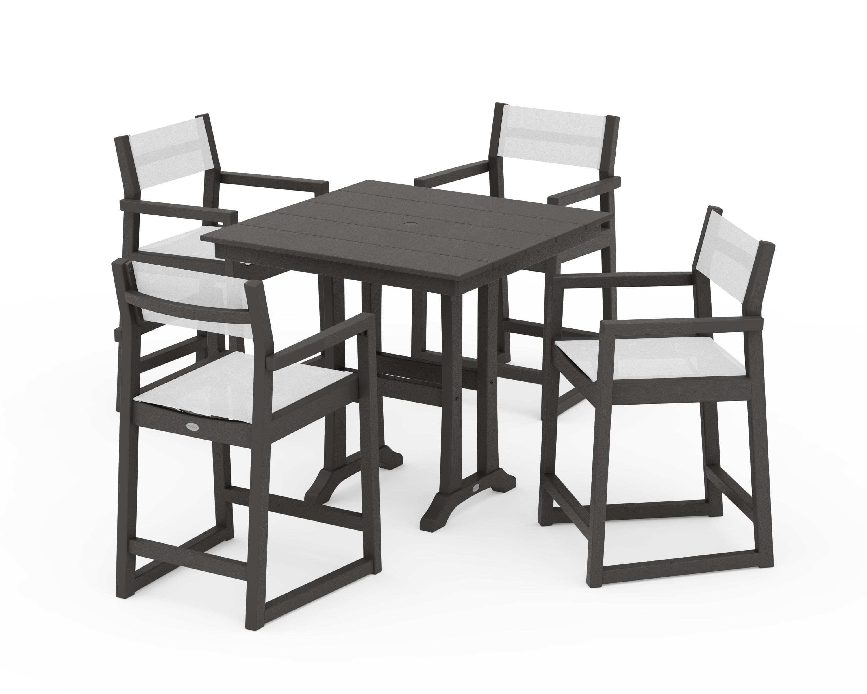 POLYWOOD EDGE Sling Arm Chair 5-Piece Farmhouse Counter Set with Trestle Legs in Vintage Coffee / White Sling