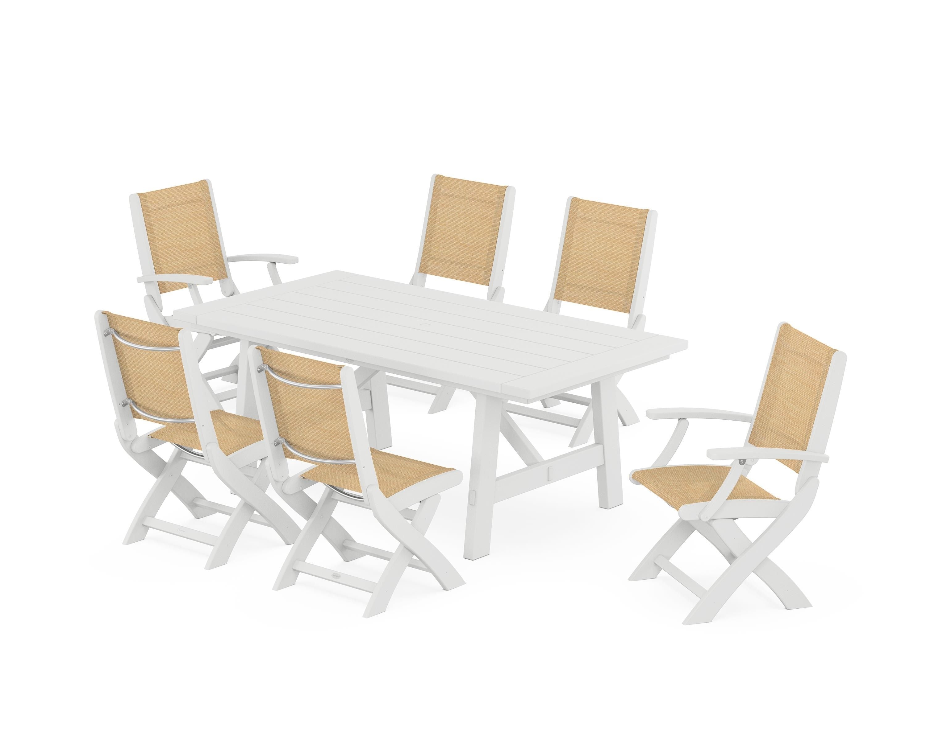 POLYWOOD Coastal Folding Chair 7-Piece Rustic Farmhouse Dining Set in White / Dupioni Apricot Sling