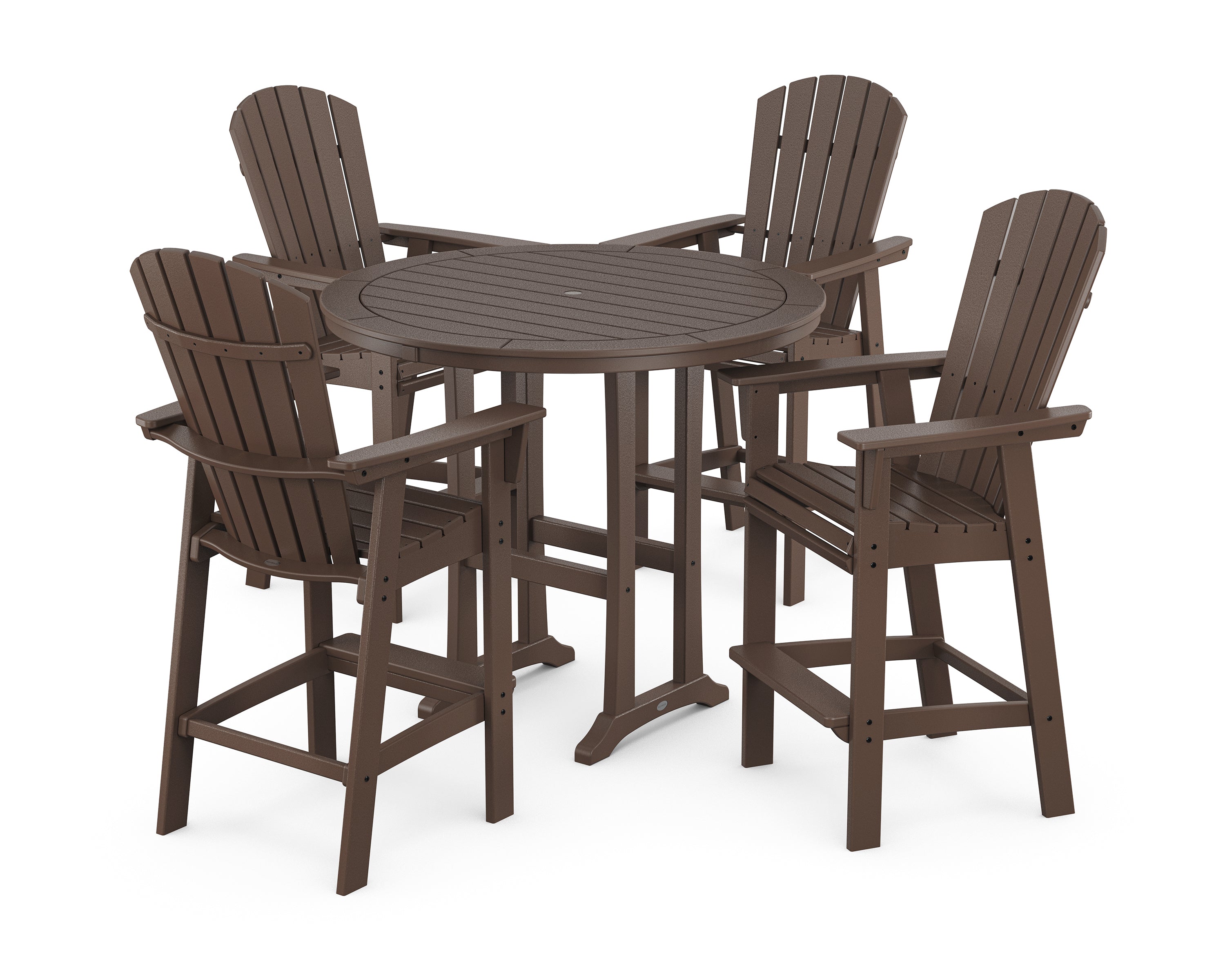 POLYWOOD® Nautical Curveback Adirondack 5-Piece Round Trestle Bar Set in Mahogany