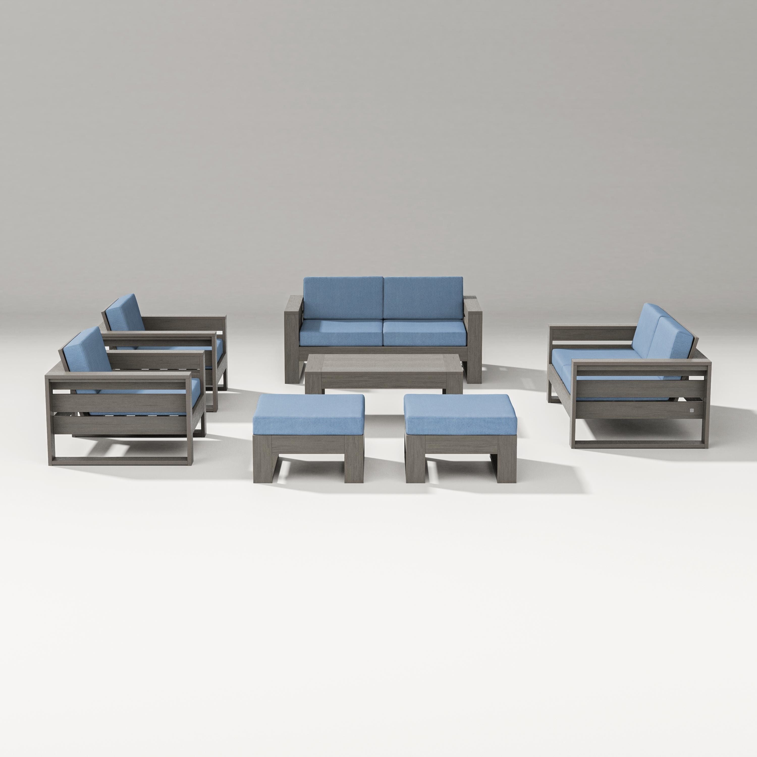 PW Designer Series Latitude 7-Piece Lounge Loveseat Set in Driftwood / Sky Blue