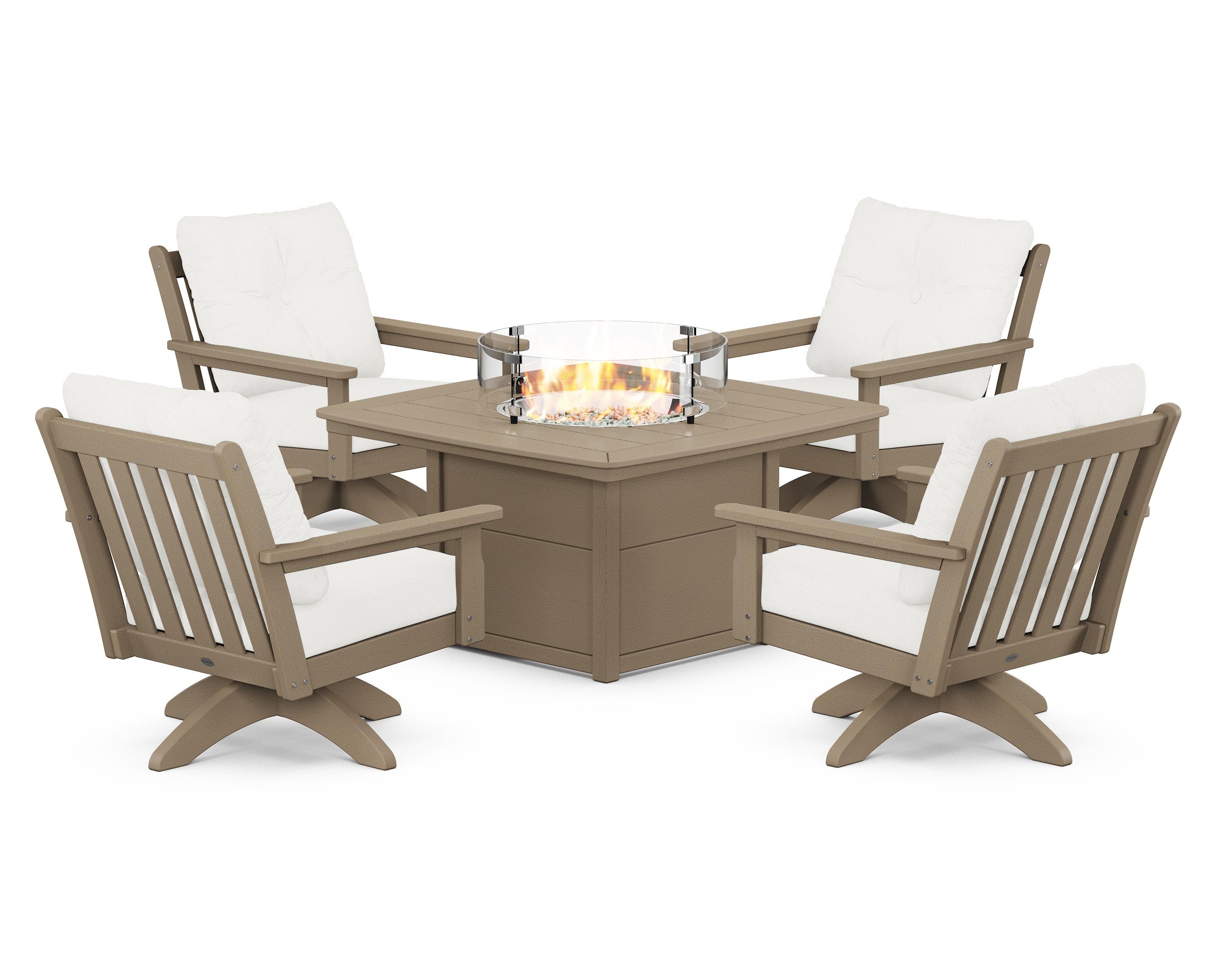POLYWOOD Vineyard 5-Piece Deep Seating Swivel Conversation Set with Fire Pit Table in Vintage Sahara / Natural Linen
