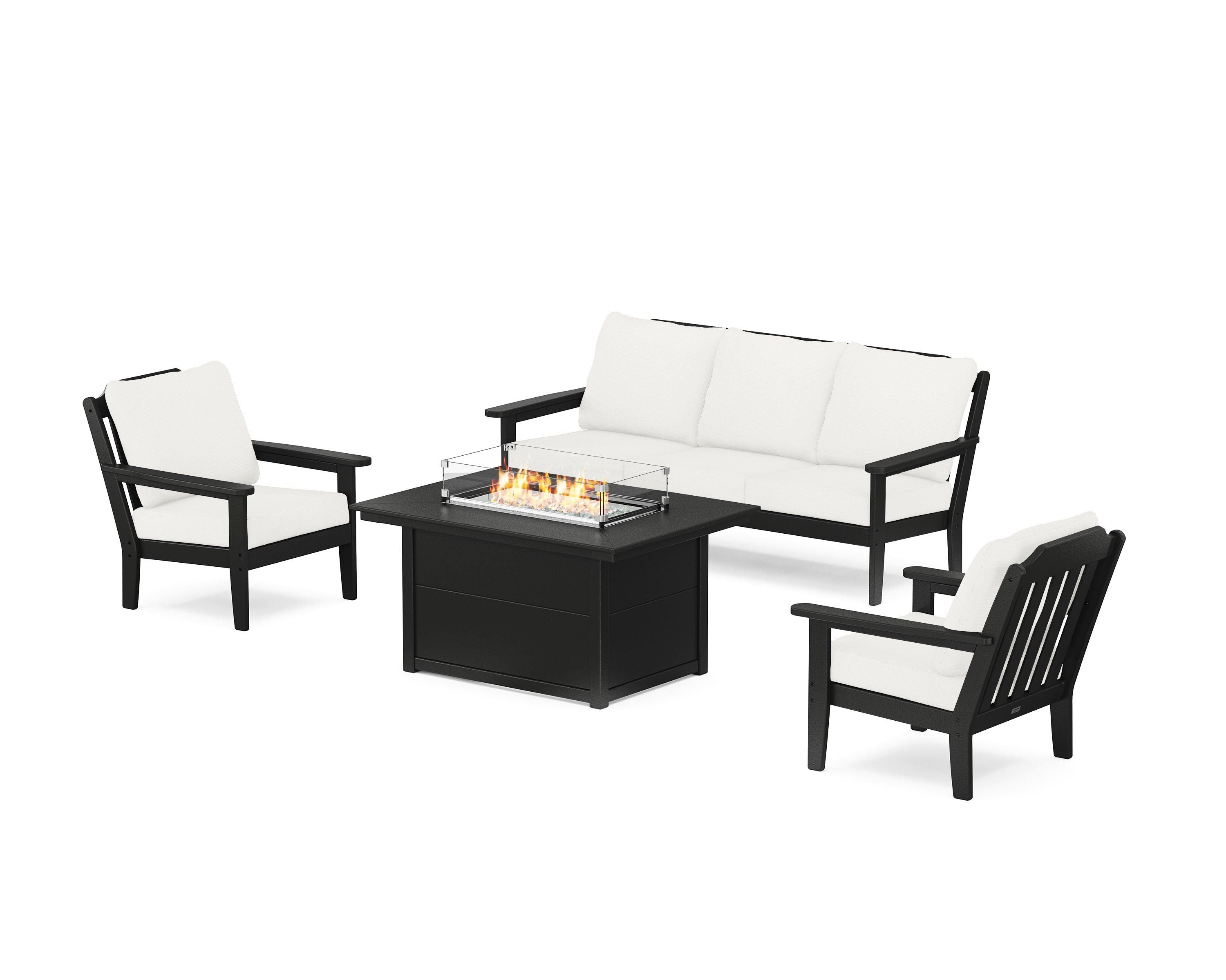 Country Living Cottage Deep Seating Fire Pit Table Set in Black / Natural Linen