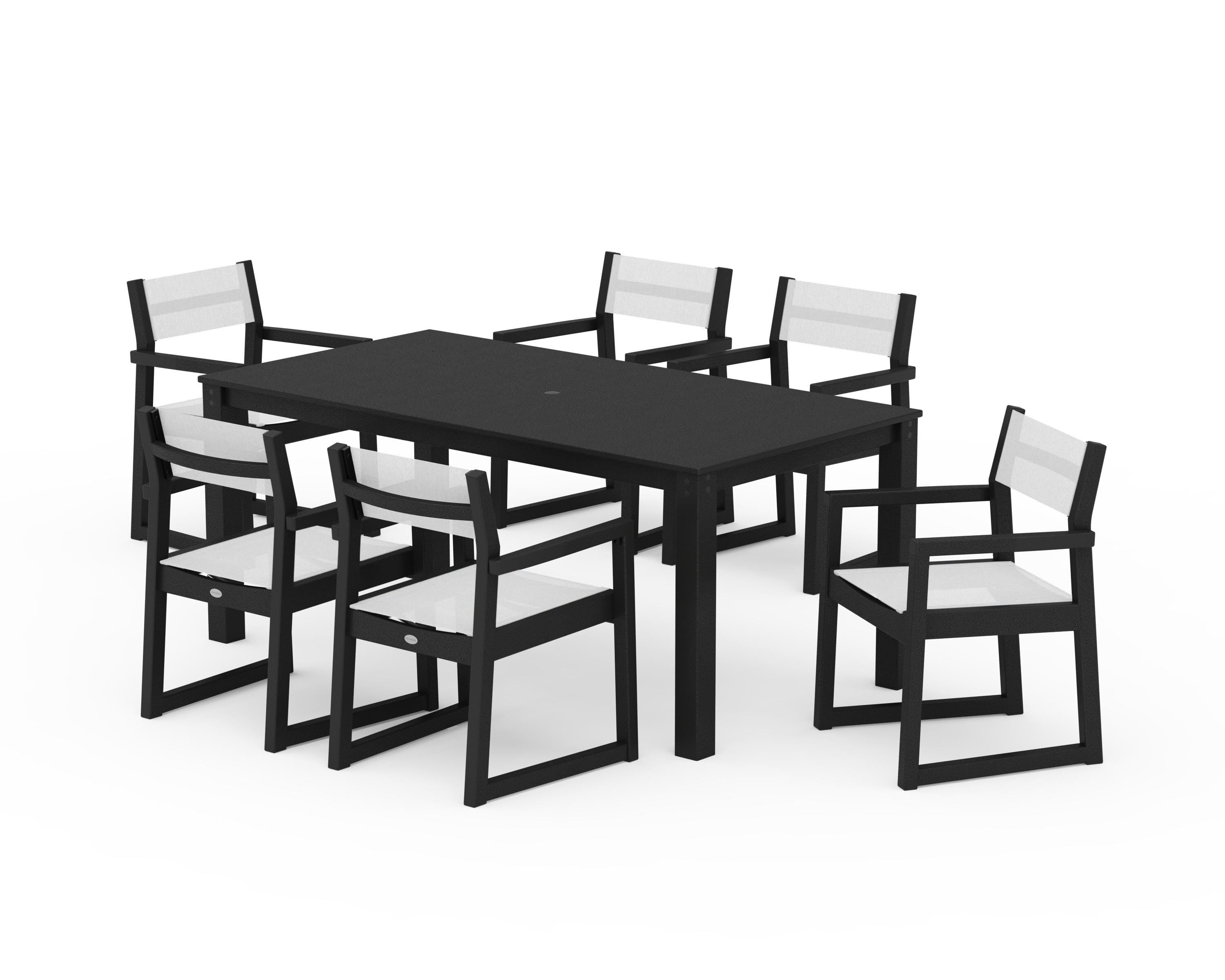 POLYWOOD EDGE Sling Arm Chair 7-Piece Parsons Dining Set in Black / White Sling