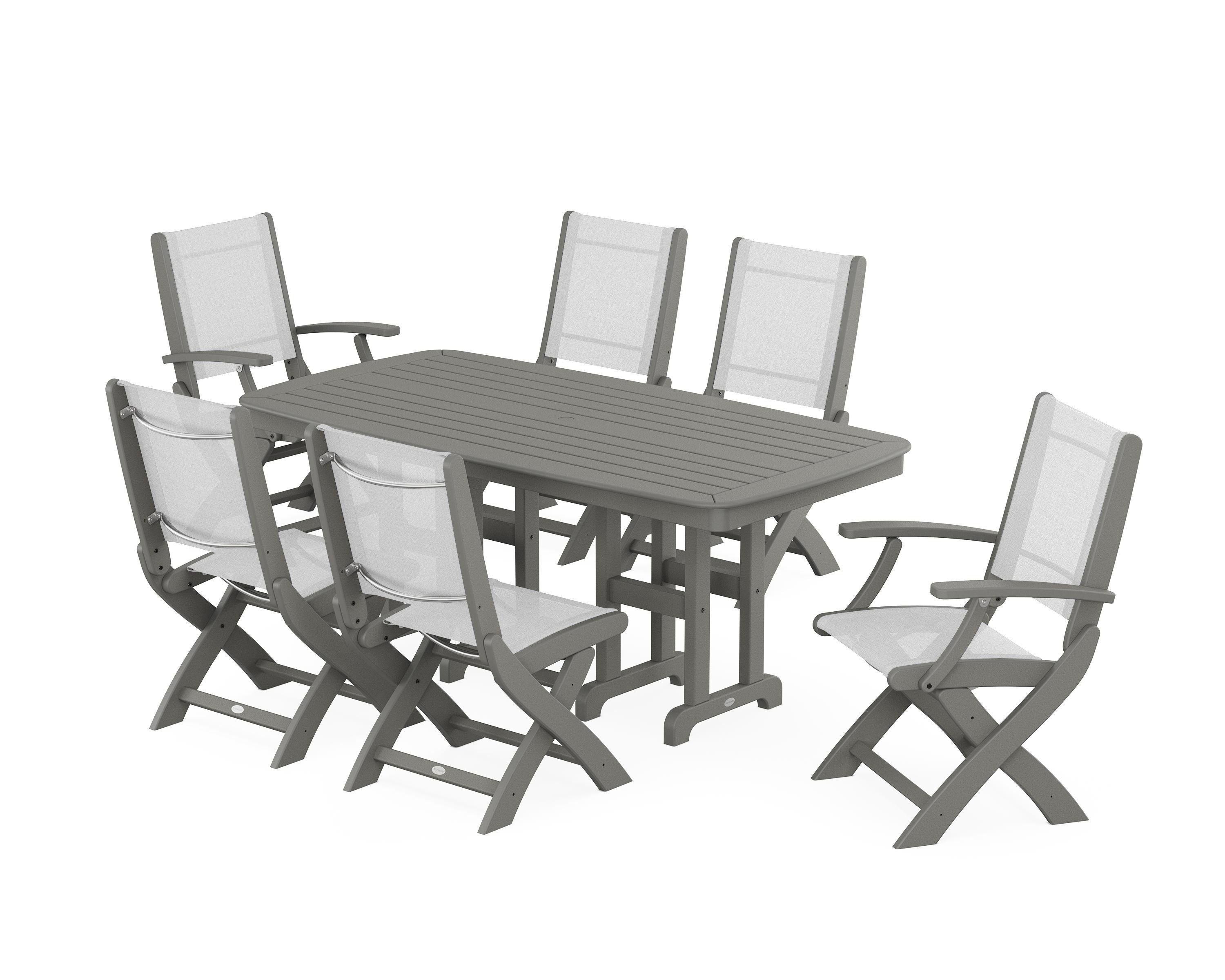 POLYWOOD Coastal Folding Chair 7-Piece Dining Set in Slate Grey / White Sling