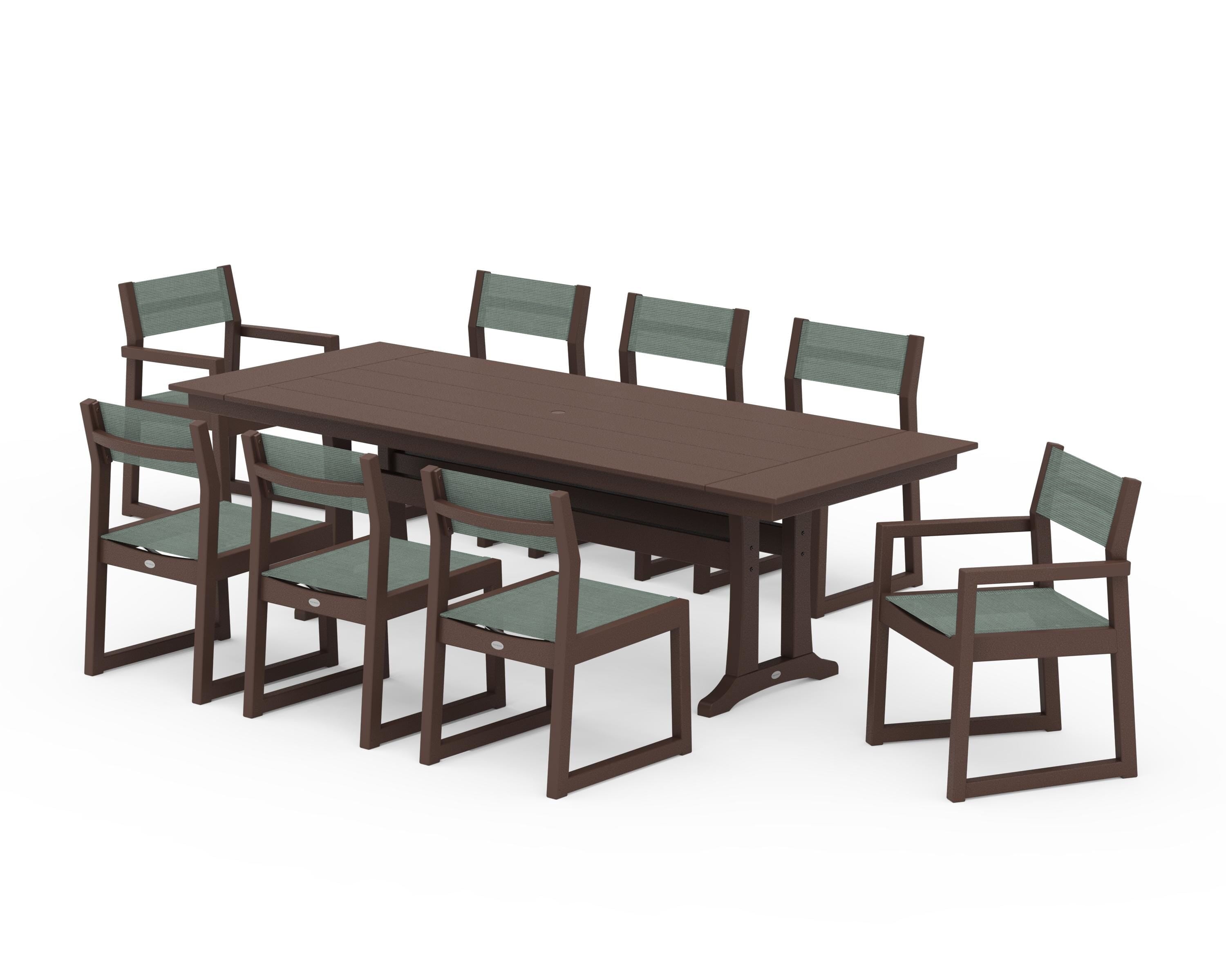 POLYWOOD EDGE Sling 9-Piece Farmhouse Trestle Dining Set in Mahogany / Dupioni Sea Mist Sling