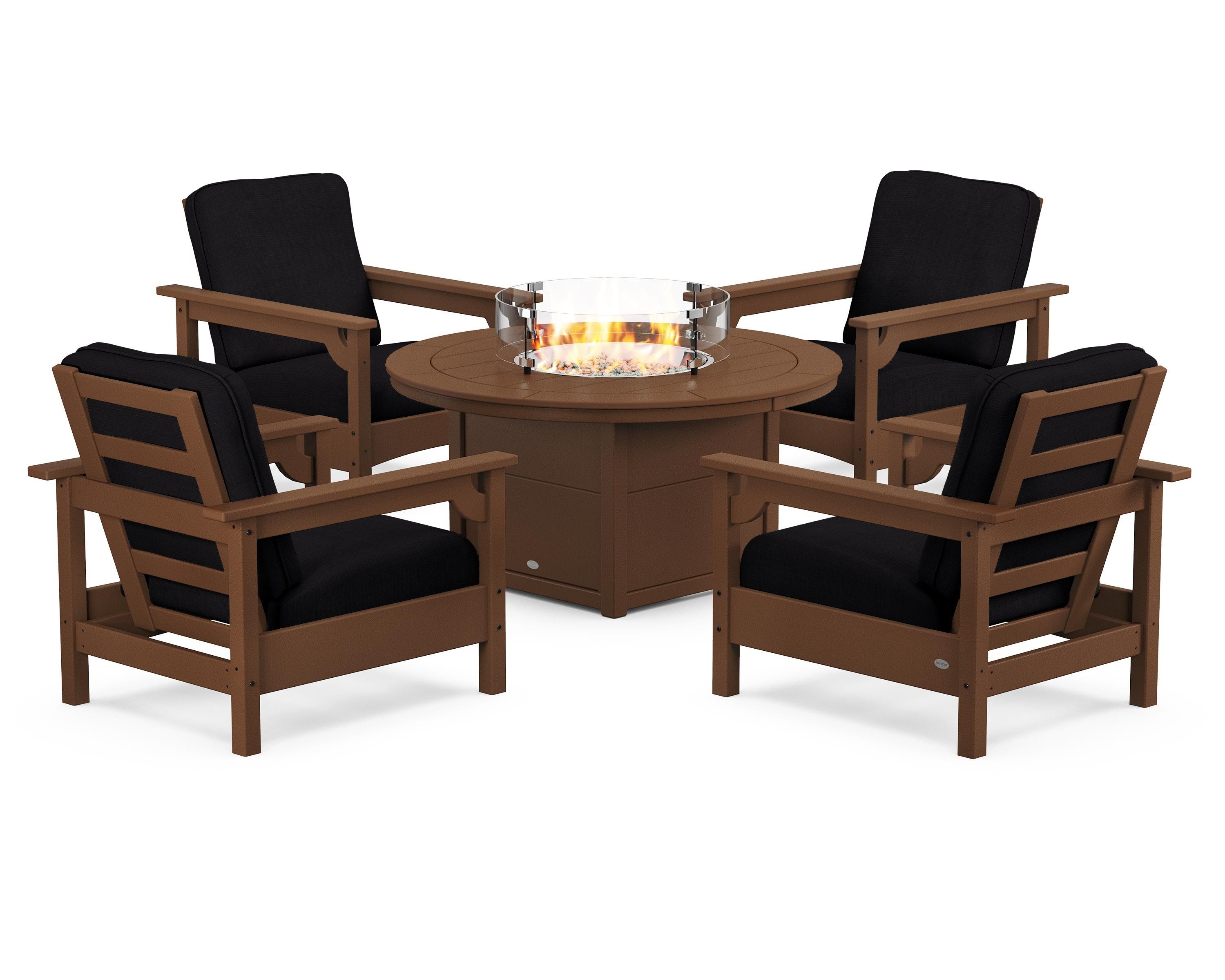 POLYWOOD Club 5-Piece Conversation Set with Fire Pit Table in Teak / Midnight Linen