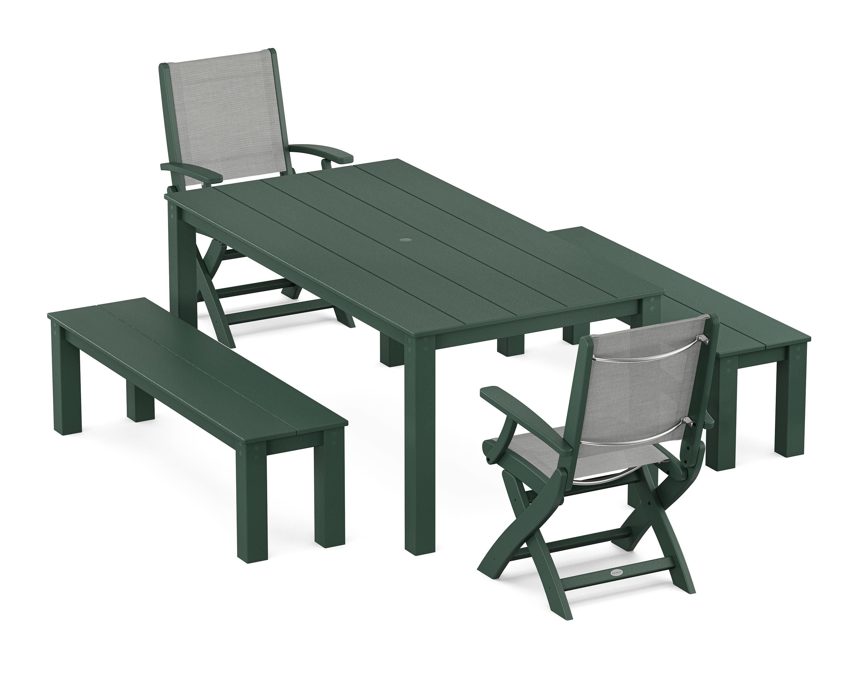 POLYWOOD Coastal Folding Chair 5-Piece Parsons Dining Set with Benches in Green / Metallic Sling