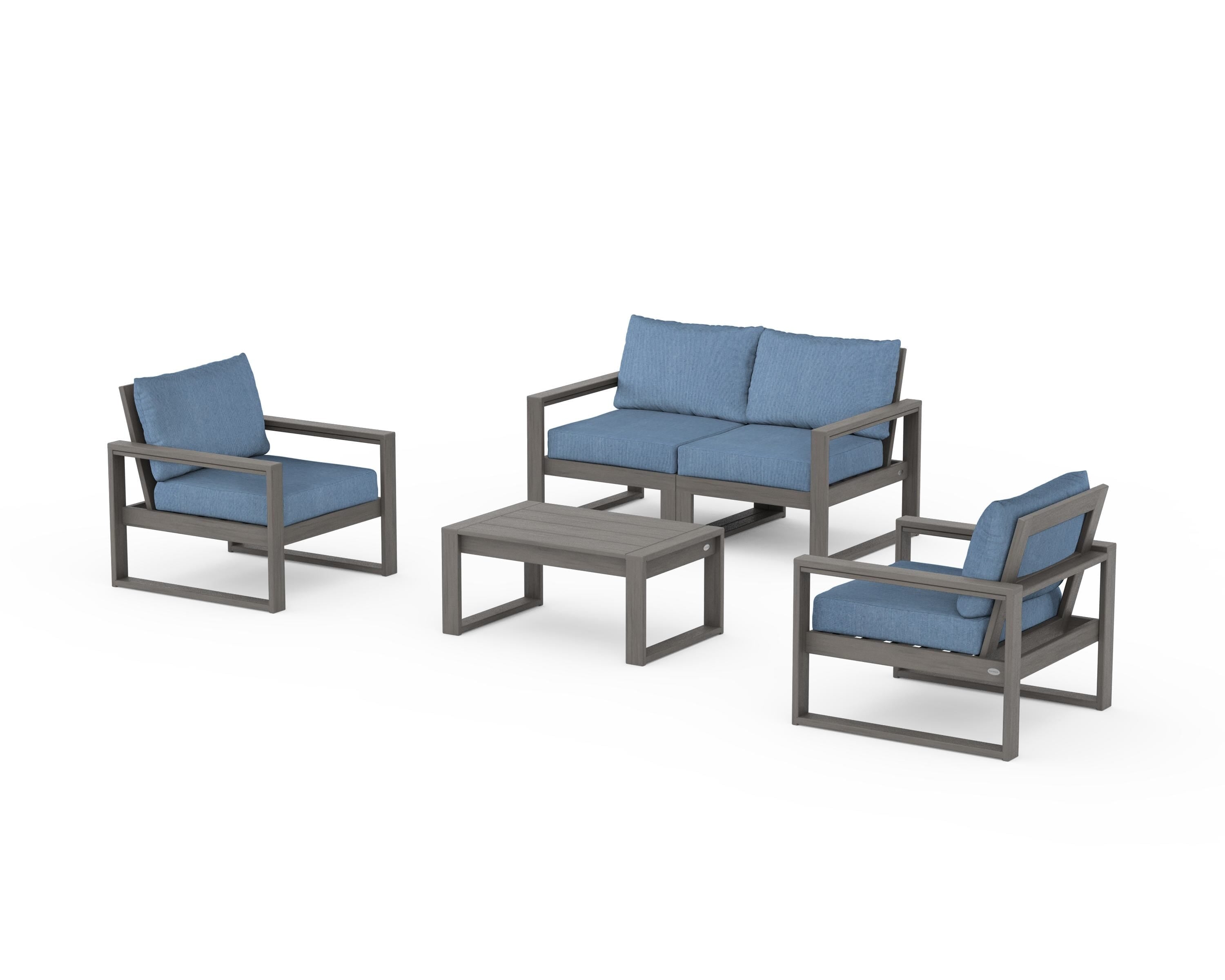 POLYWOOD EDGE Sectional 4-Piece Deep Seating Set with Loveseat in Driftwood / Sky Blue