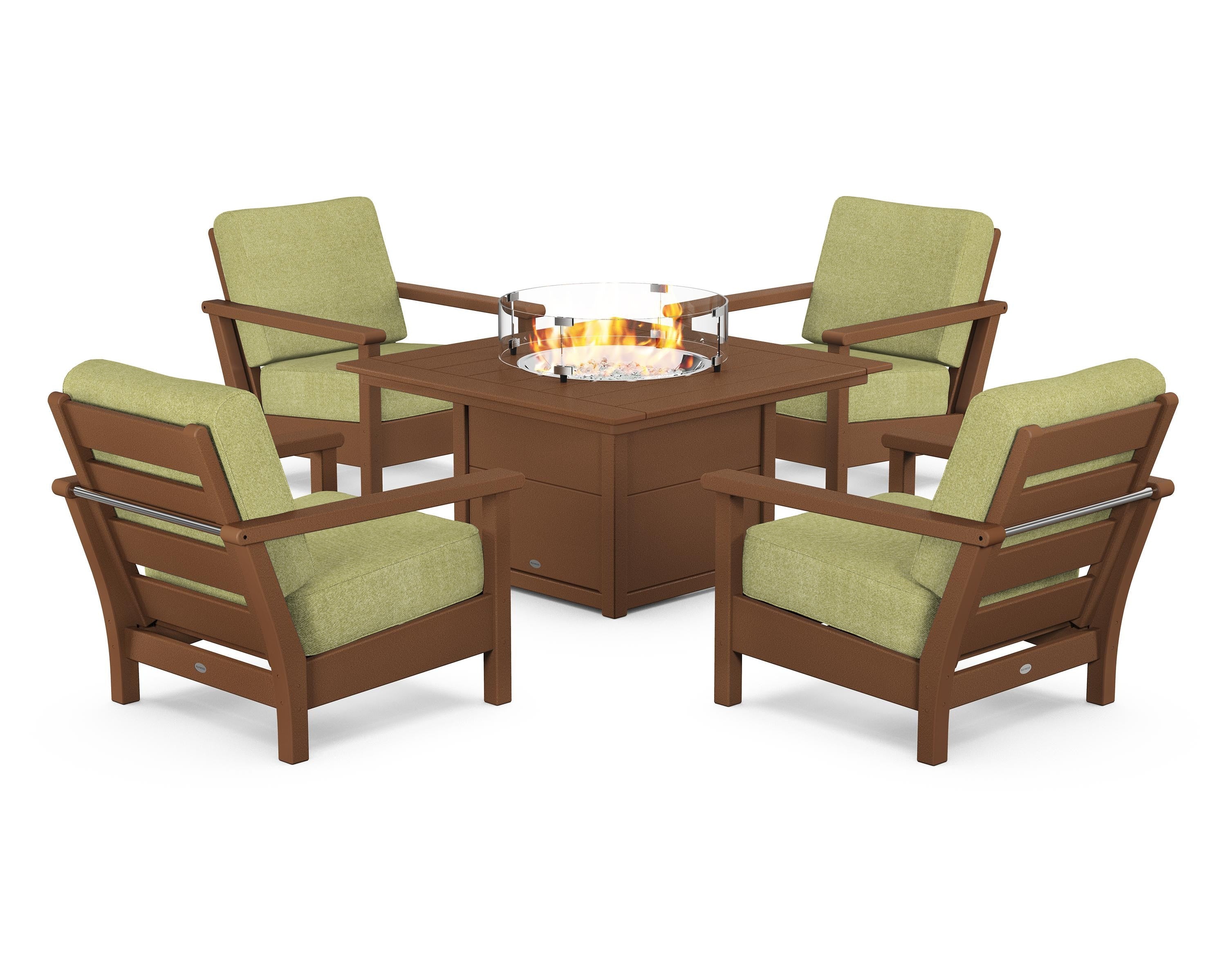 POLYWOOD Harbour 5-Piece Conversation Set with Fire Pit Table in Teak / Chartreuse Boucle
