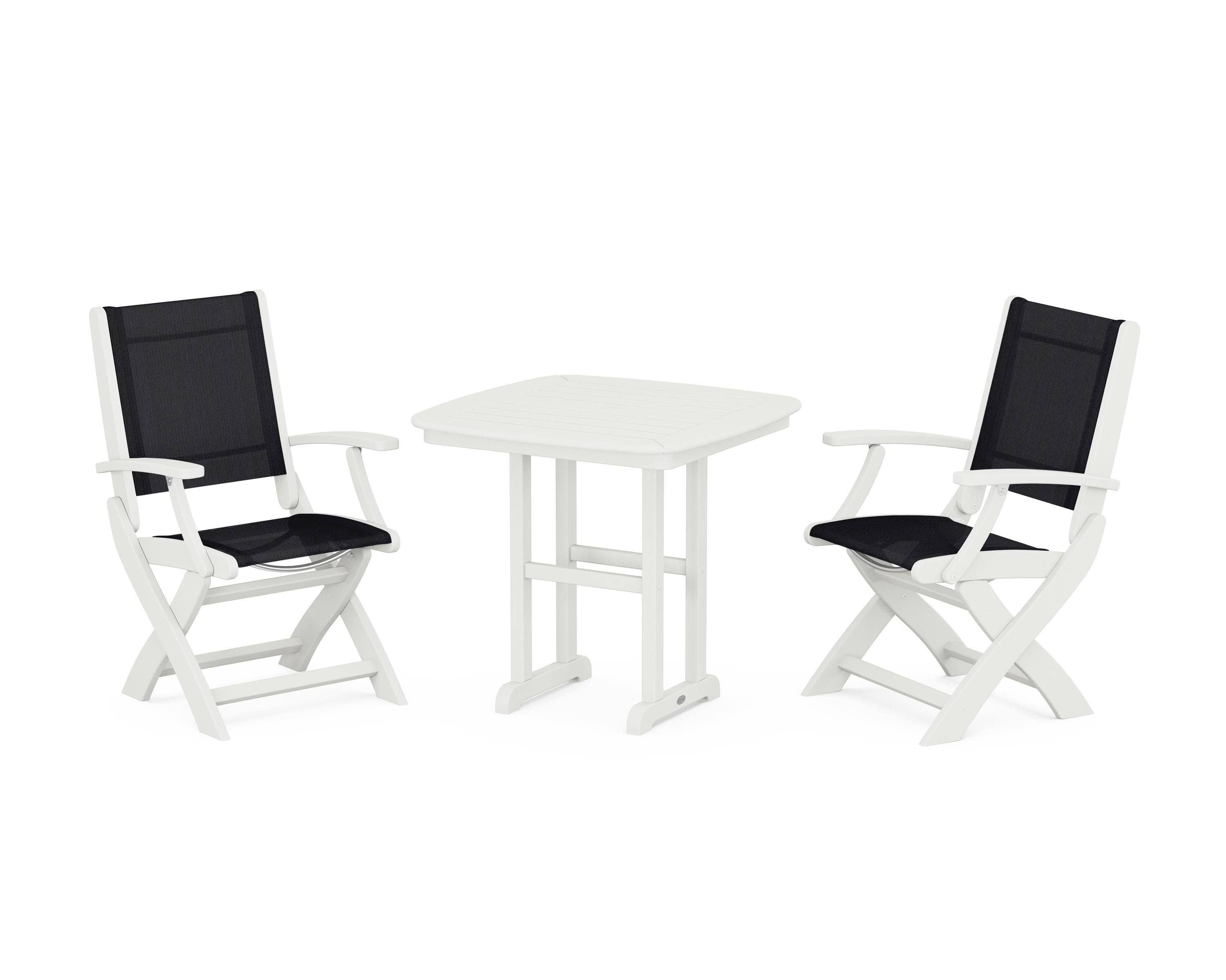POLYWOOD Coastal Folding Chair 3-Piece Dining Set in Vintage White / Black Sling