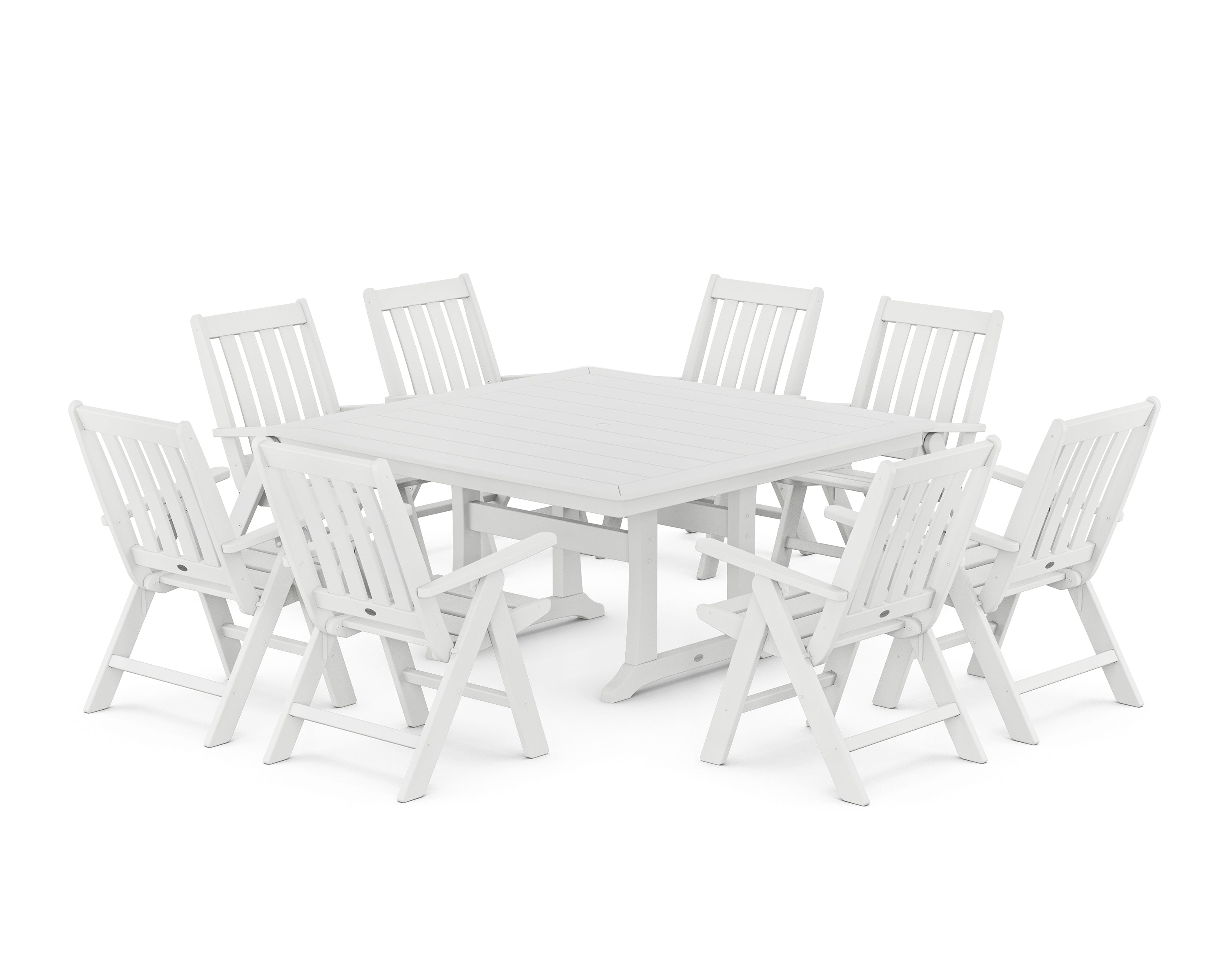 POLYWOOD Vineyard Folding Chair 9-Piece Square Dining Set with Trestle Legs in White