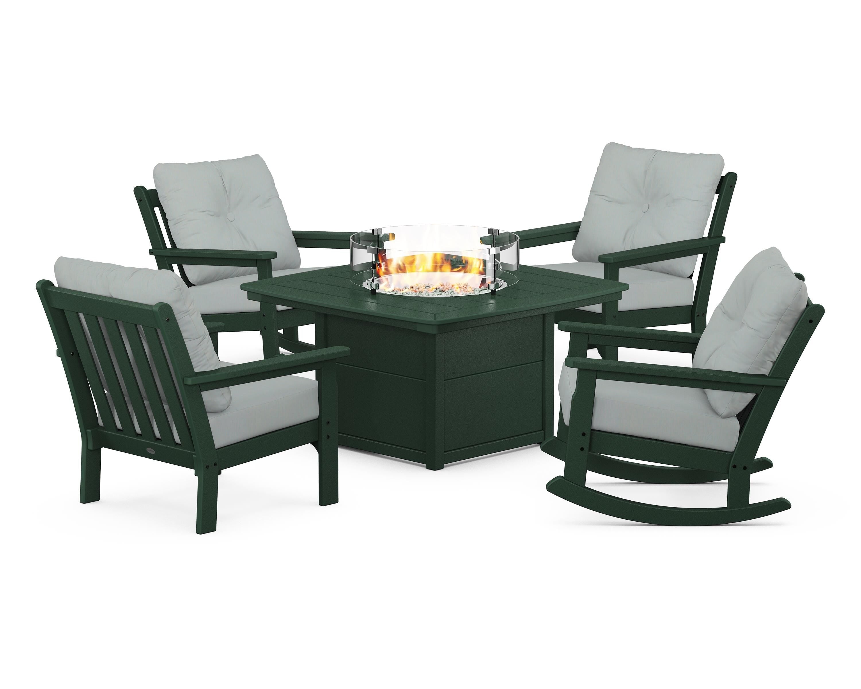 POLYWOOD Vineyard 5-Piece Deep Seating Rocking Chair Conversation Set with Fire Pit Table in Green / Spa