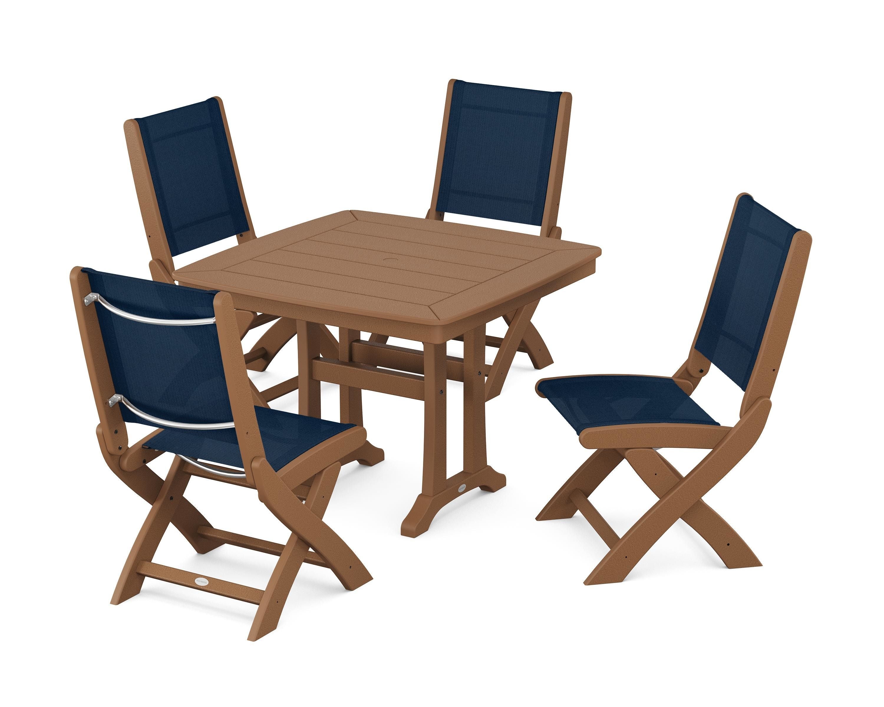 POLYWOOD Coastal Folding Side Chair 5-Piece Dining Set with Trestle Legs in Teak / Navy Blue Sling