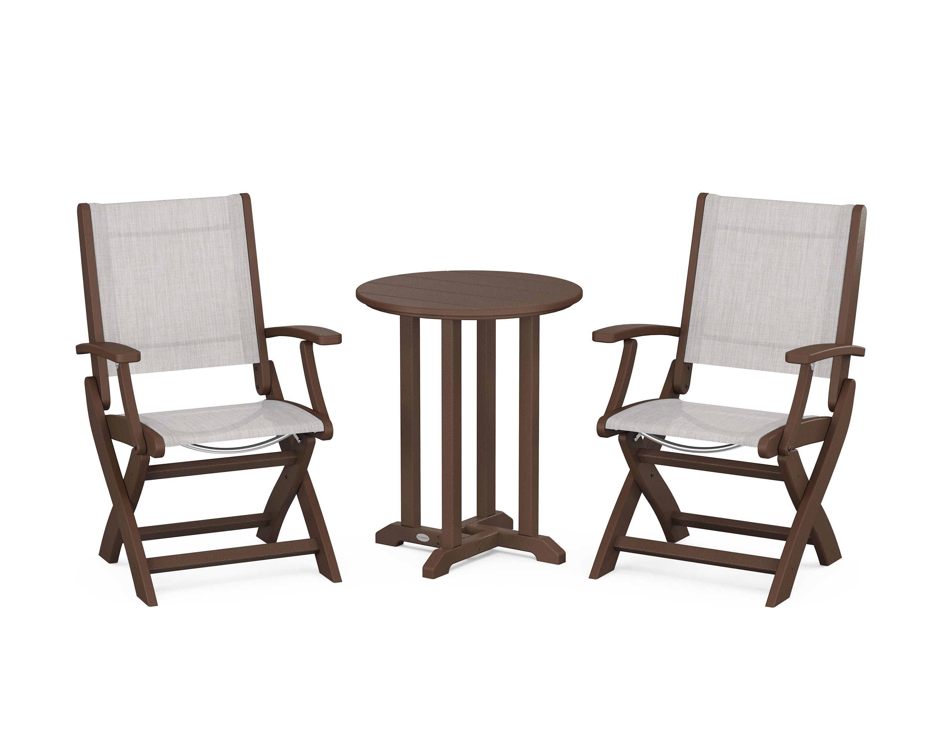 POLYWOOD Coastal Folding 3-Piece Round Bistro Dining Set in Mahogany / Parchment Sling