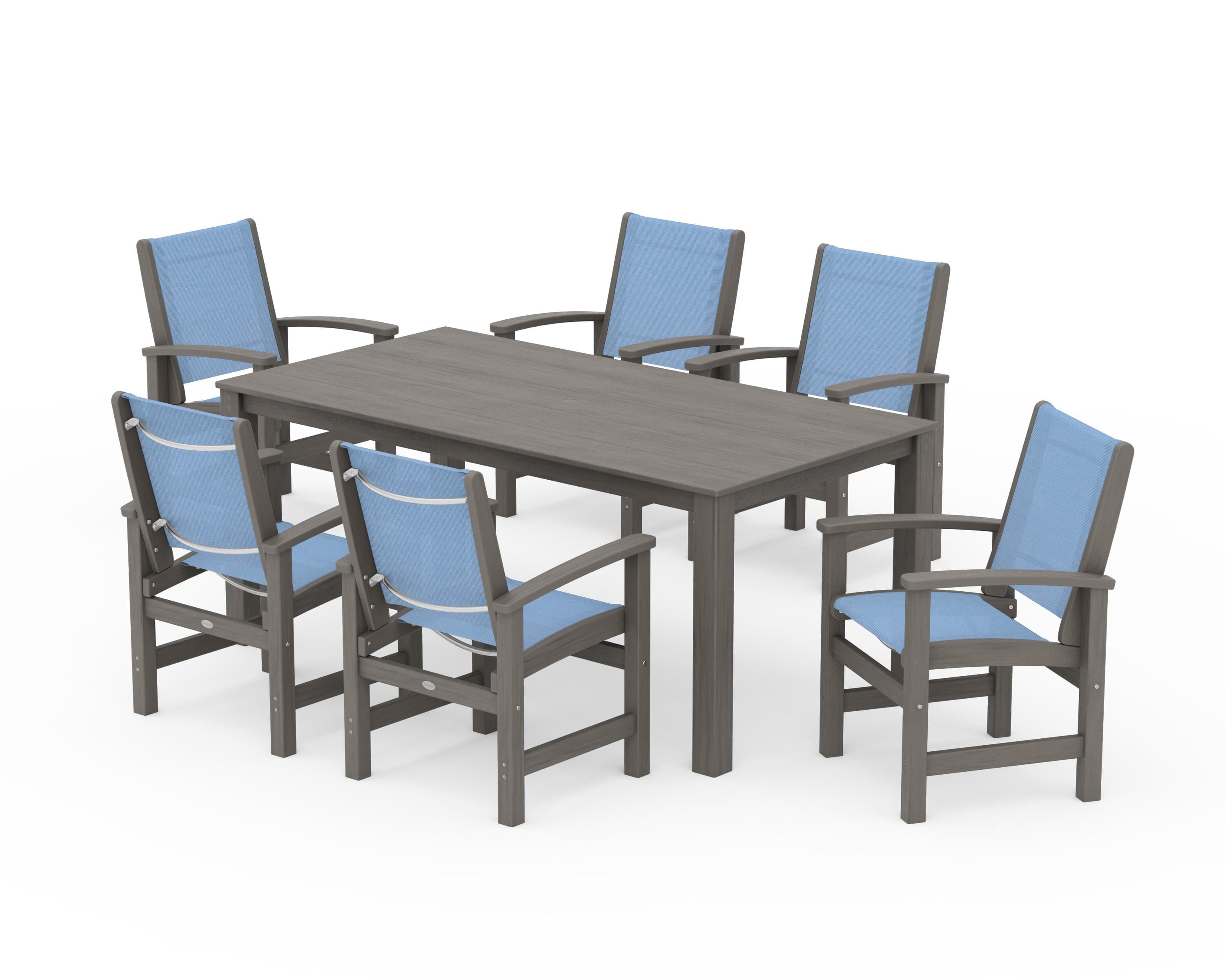 POLYWOOD Coastal 7-Piece Parsons Dining Set in Driftwood / Poolside Sling