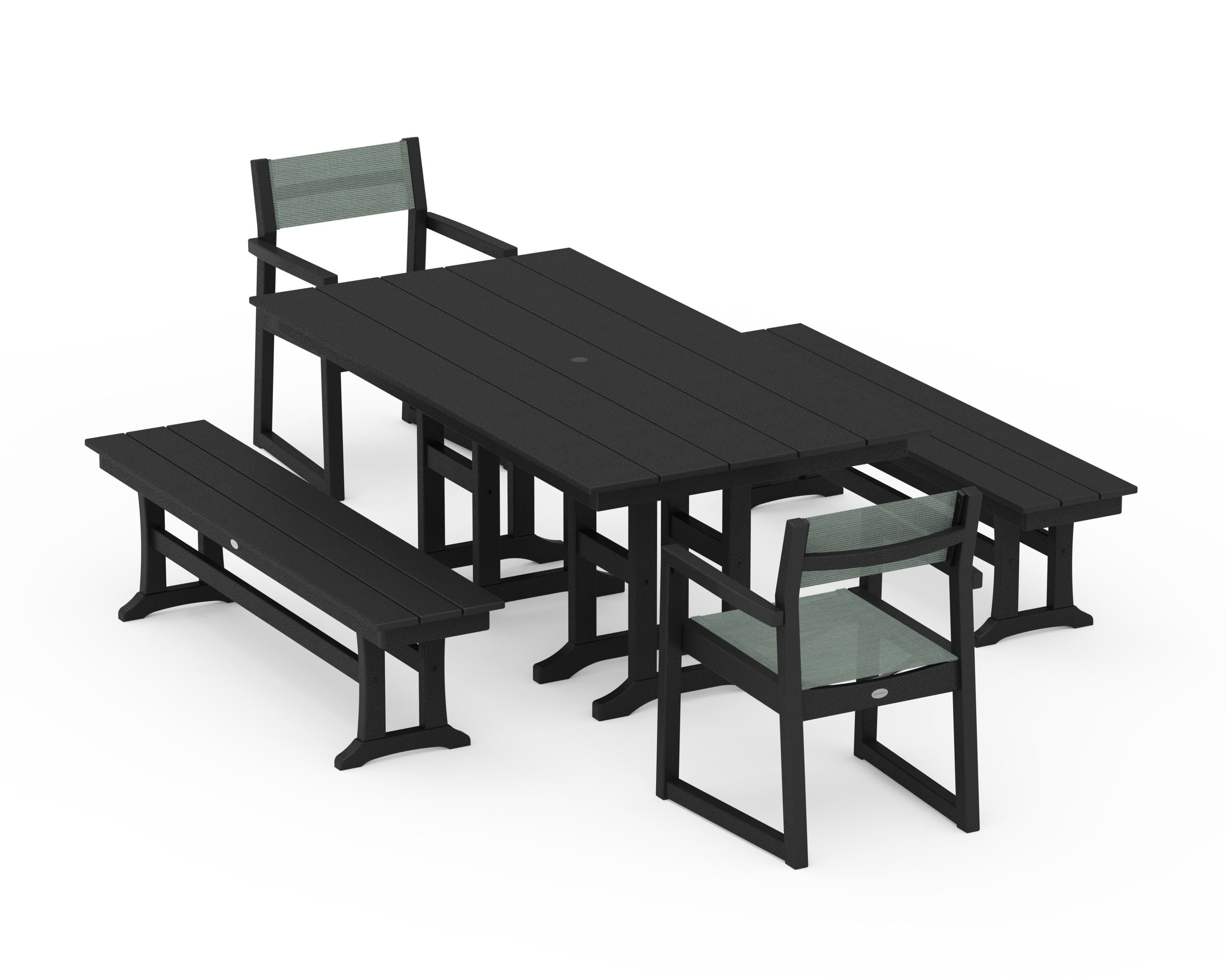 POLYWOOD EDGE Sling Arm Chair 5-Piece Farmhouse Dining Set with Benches in Black / Dupioni Sea Mist Sling
