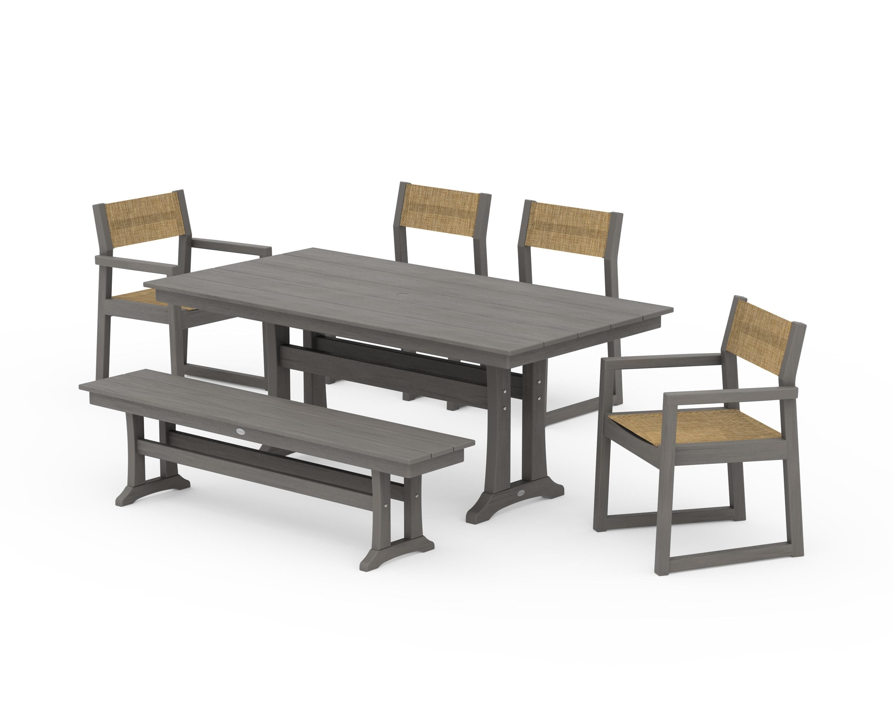 POLYWOOD EDGE Sling 6-Piece Farmhouse Dining Set With Trestle Legs in Driftwood / Burlap Sling