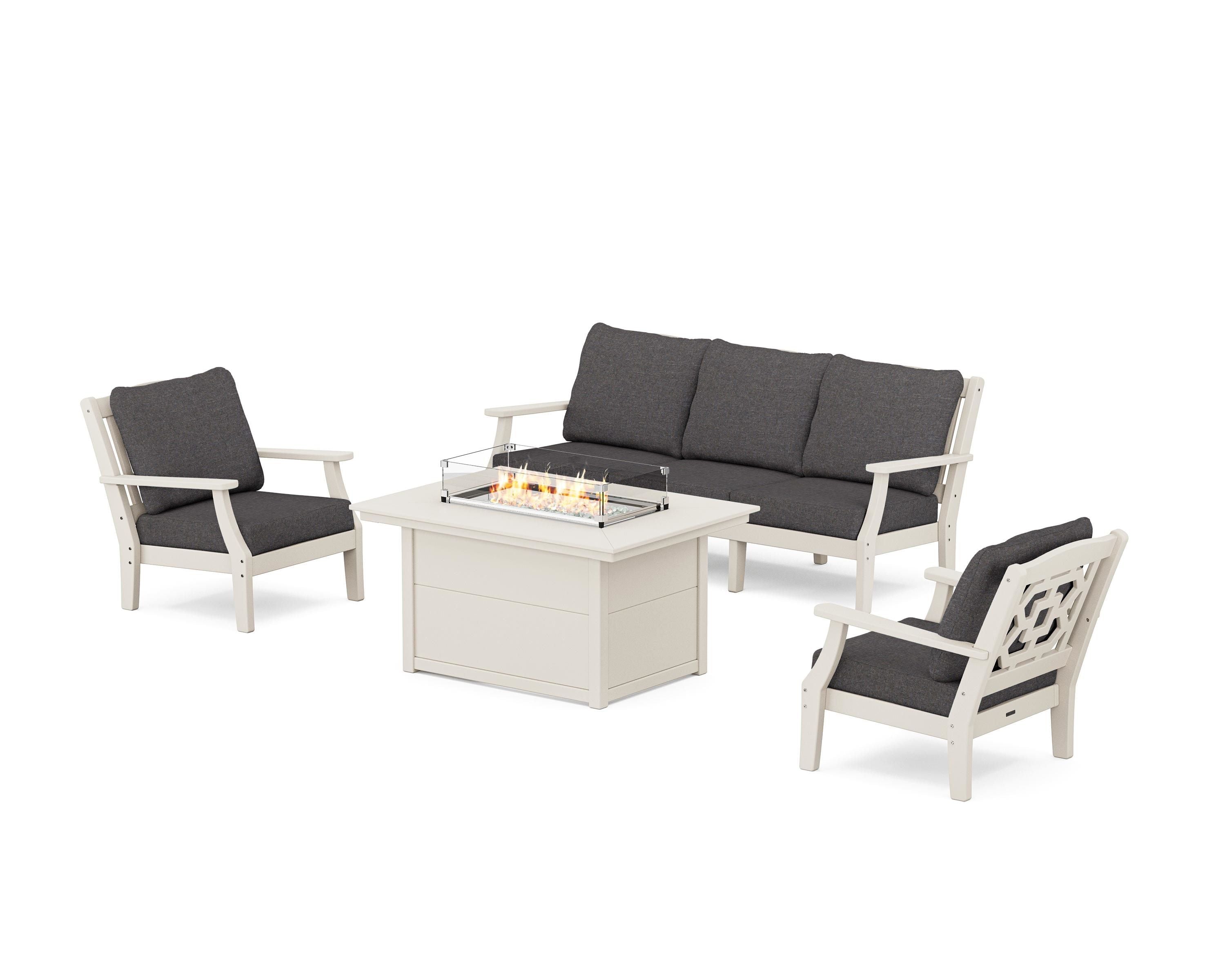 Martha Stewart by POLYWOOD Chinoiserie Deep Seating Fire Pit Table Set in Sand / Ash Charcoal