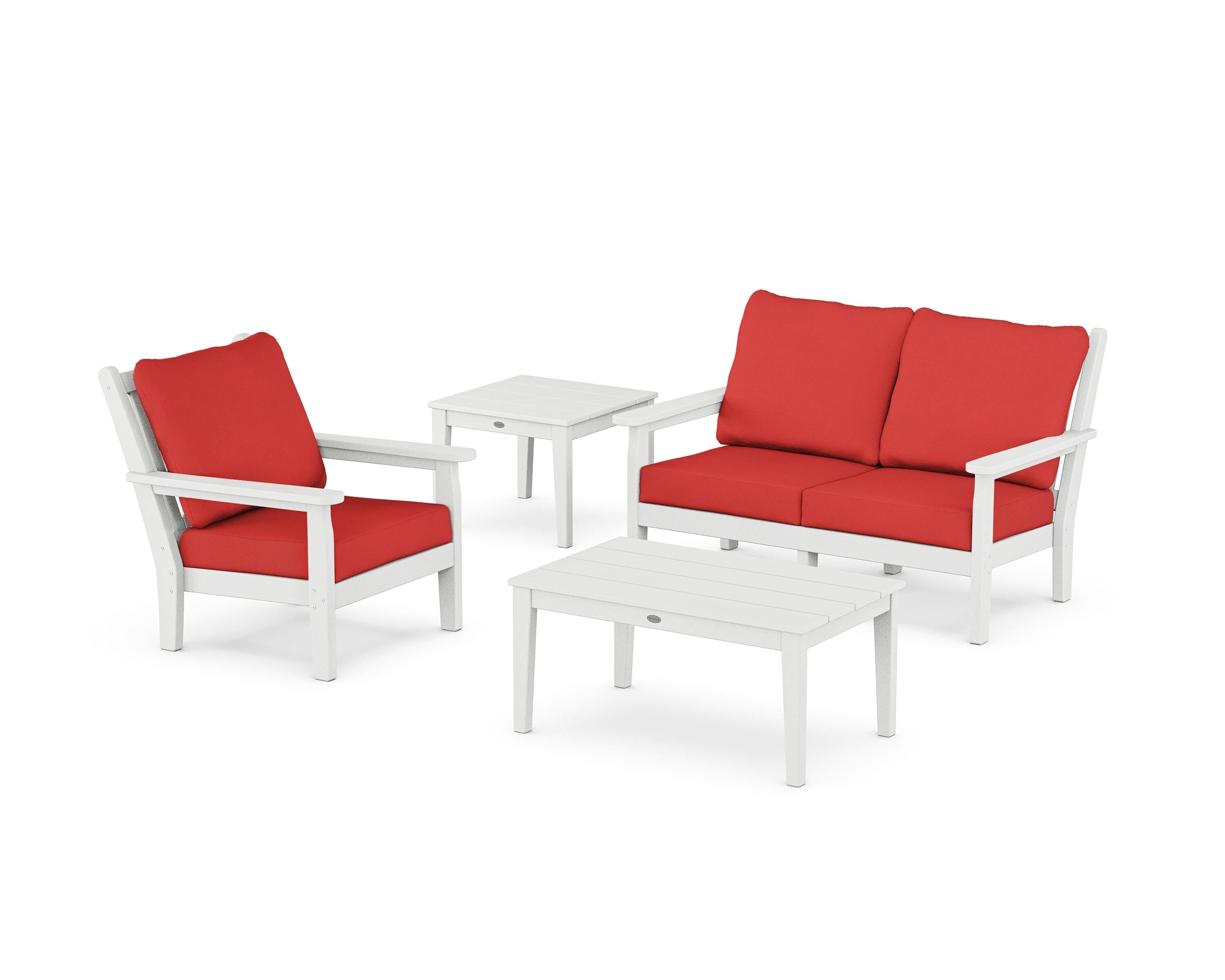 POLYWOOD Chippendale 4-Piece Deep Seating Set in White / Crimson Linen