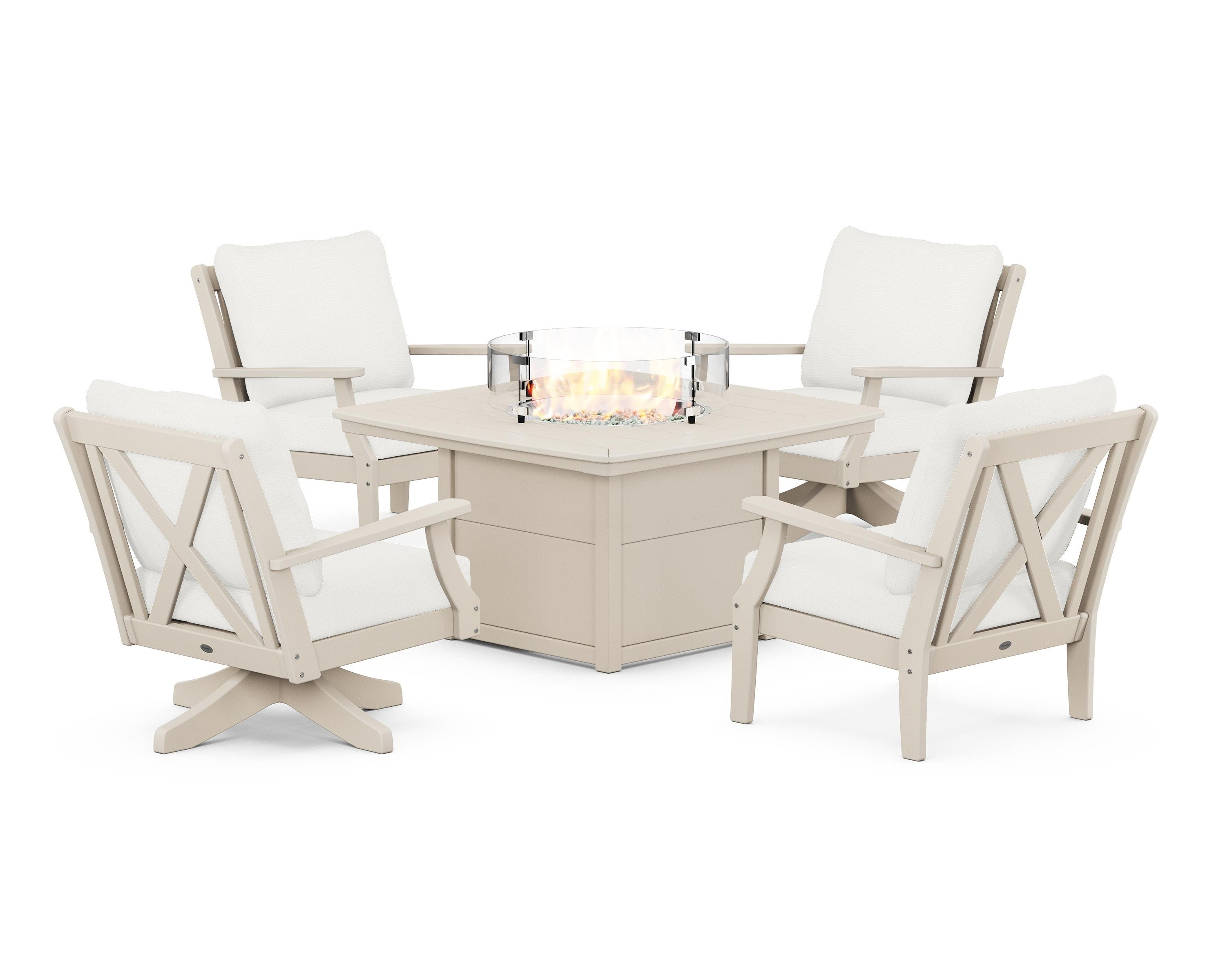 POLYWOOD Braxton 5-Piece Deep Seating Set with Fire Table in Sand / Natural Linen