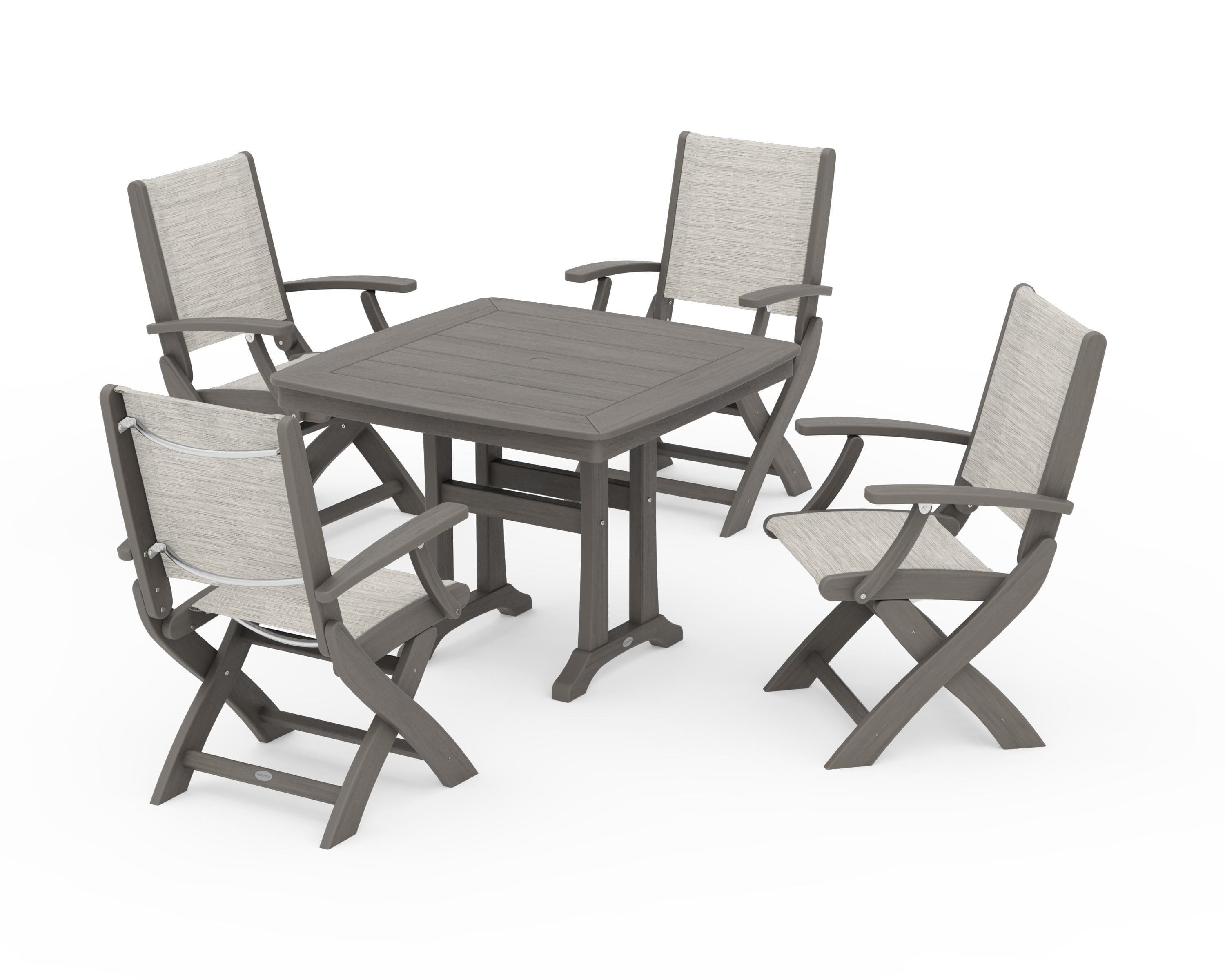 POLYWOOD Coastal Folding Chair 5-Piece Dining Set with Trestle Legs in Driftwood / Birch Sling