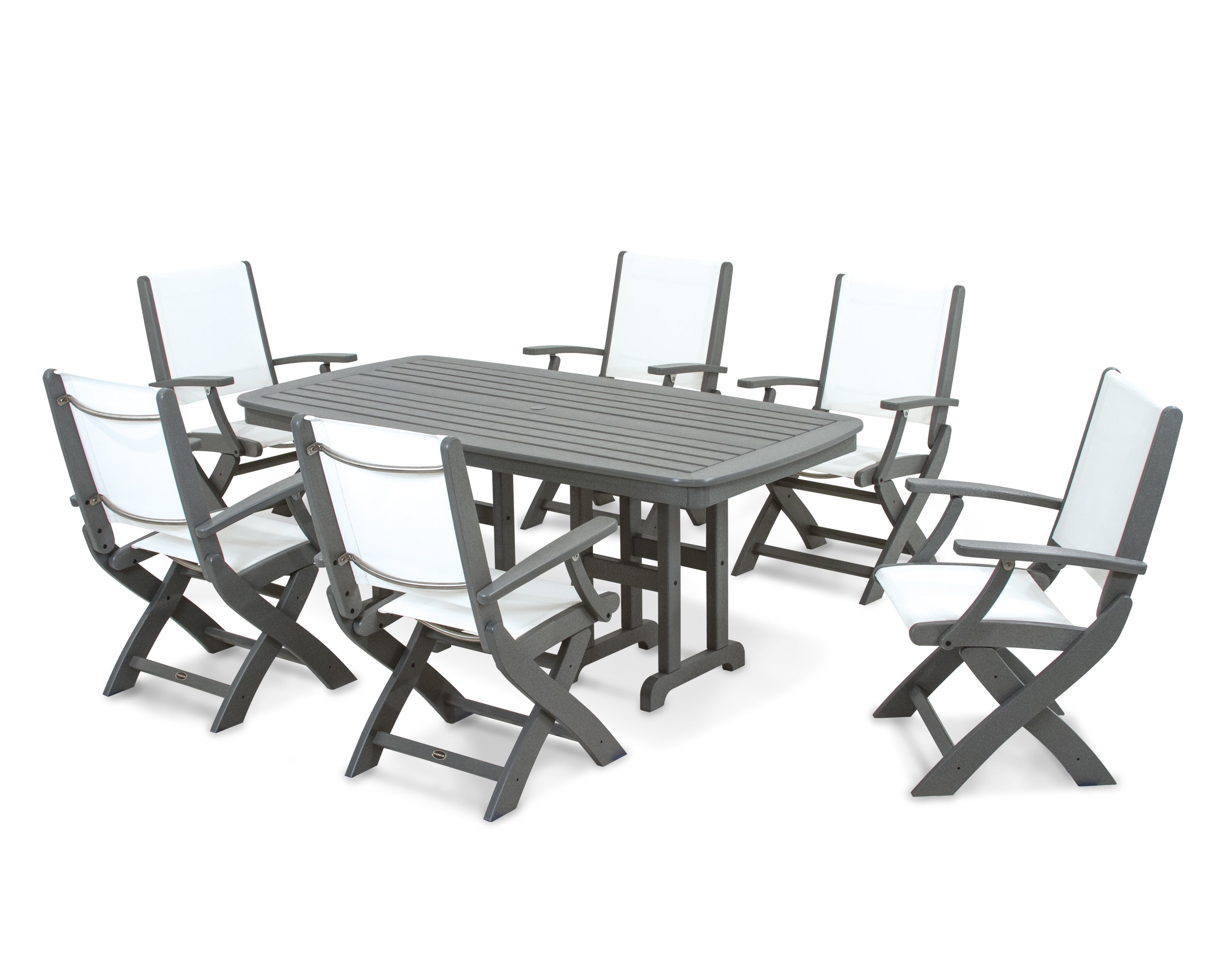POLYWOOD Coastal Folding Arm Chair 7-Piece Dining Set in Slate Grey / White Sling
