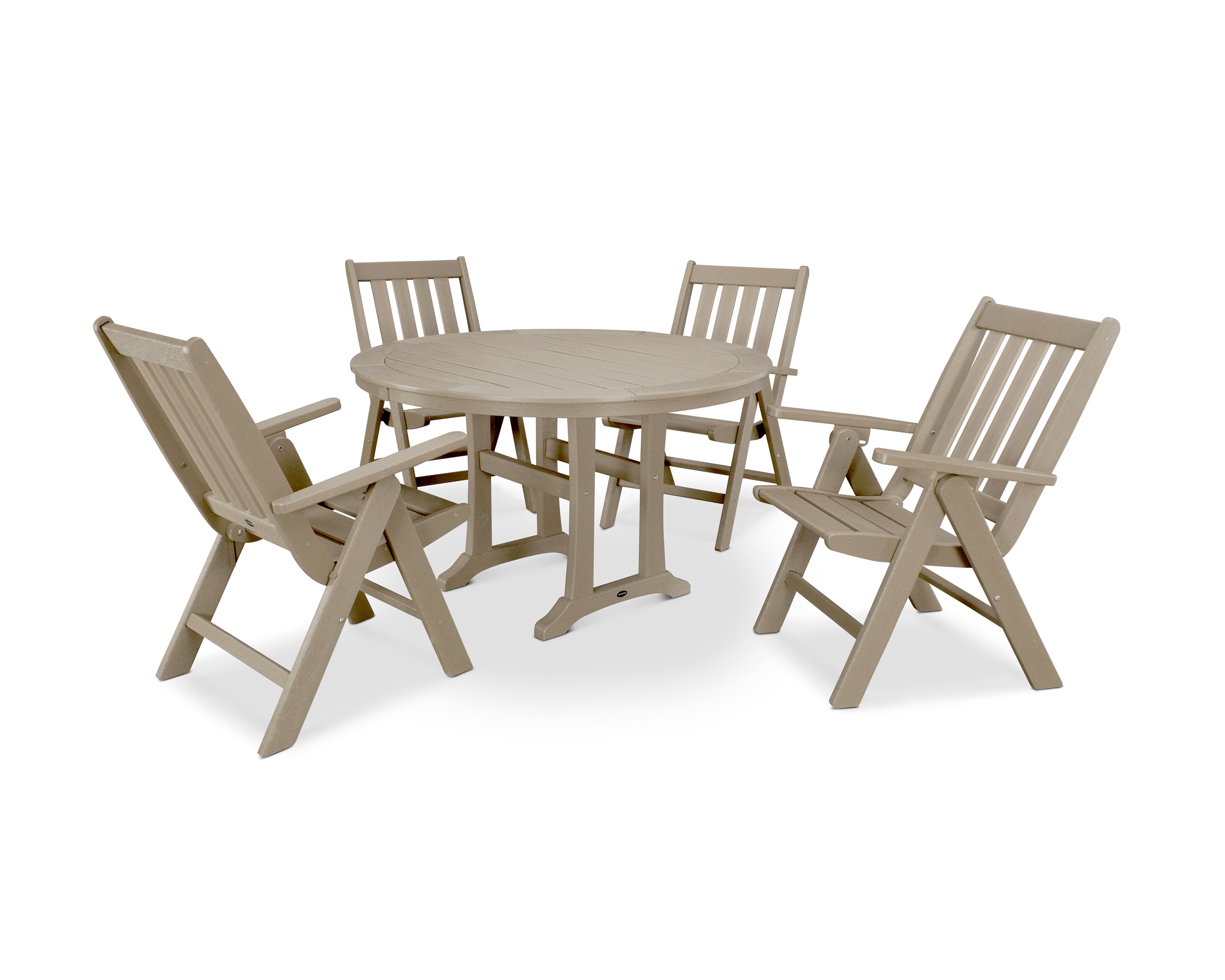POLYWOOD® Vineyard Folding Chair 5-Piece Round Dining Set with Trestle Legs in Vintage Sahara