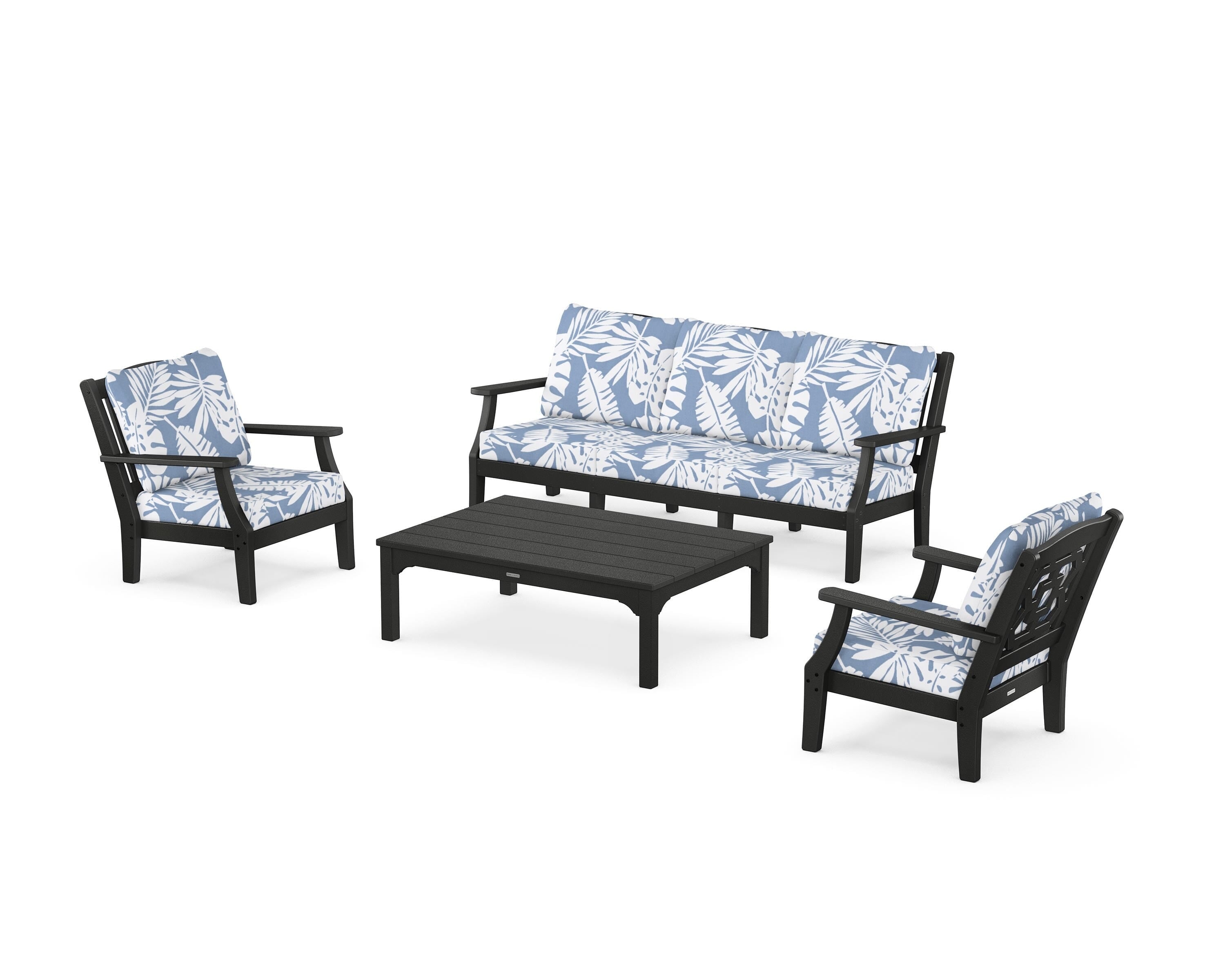 Martha Stewart by POLYWOOD Chinoiserie 4-Piece Deep Seating Set with Sofa in Black / Leaf Sky Blue